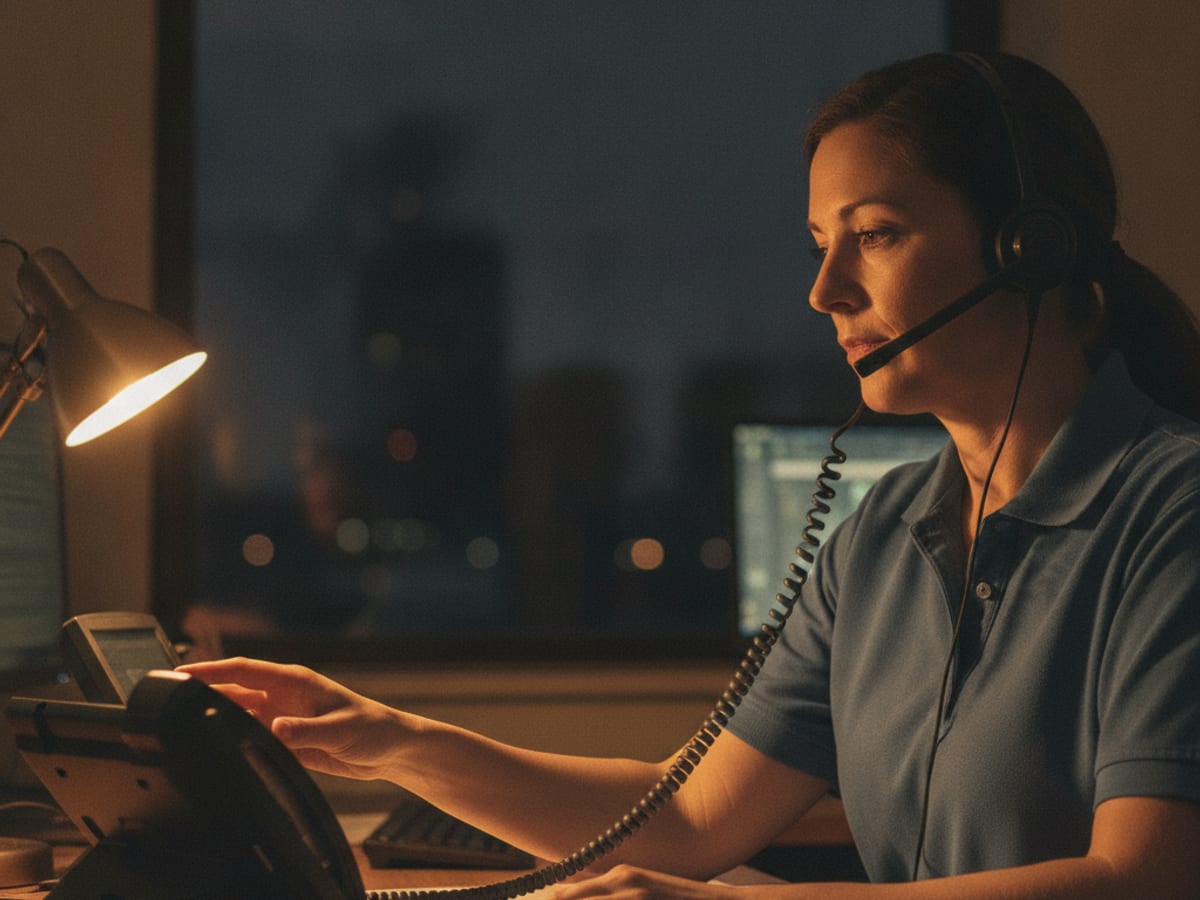 A dispatcher answering a phone call at a desk with warm lamp light late at night