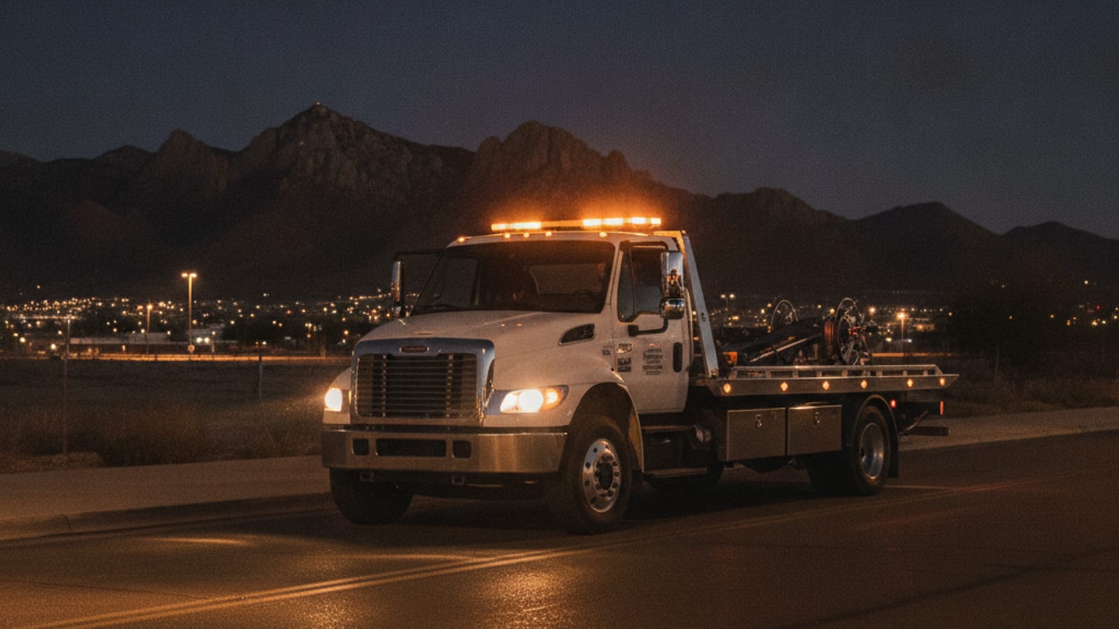A flatbed tow truck driving through El Paso at night with headlights on and amber warning lights glowing against a dark sky
