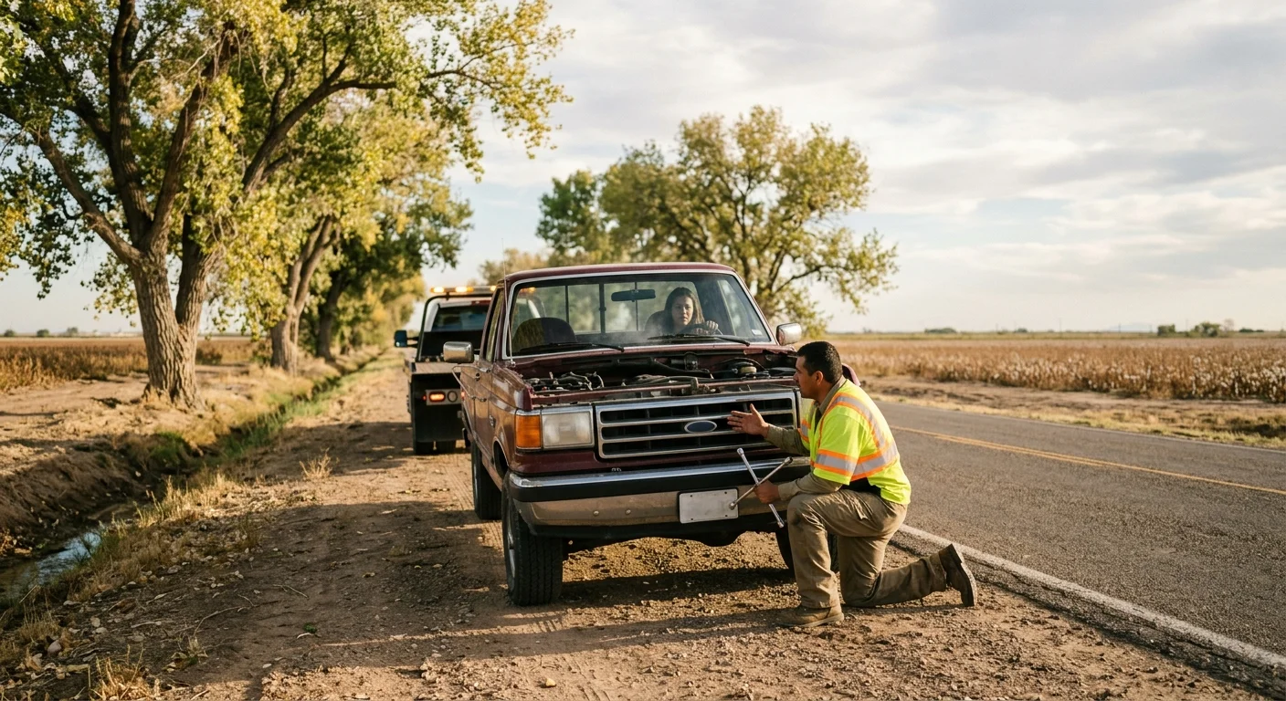 A stalled pickup on a rural road shoulder near Canutillo, Texas, cottonwood trees and irrigation fields