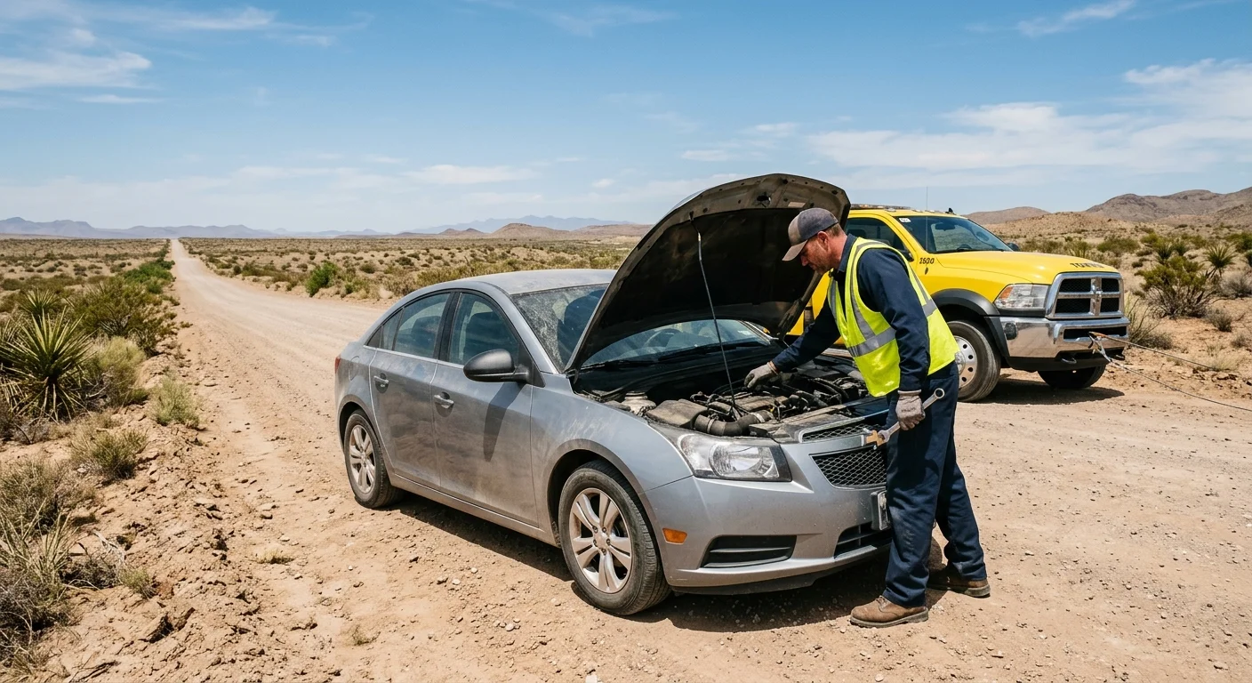 A disabled car on a dirt shoulder of a wide unpaved road in a far-east El Paso County community, desert scrub and open
