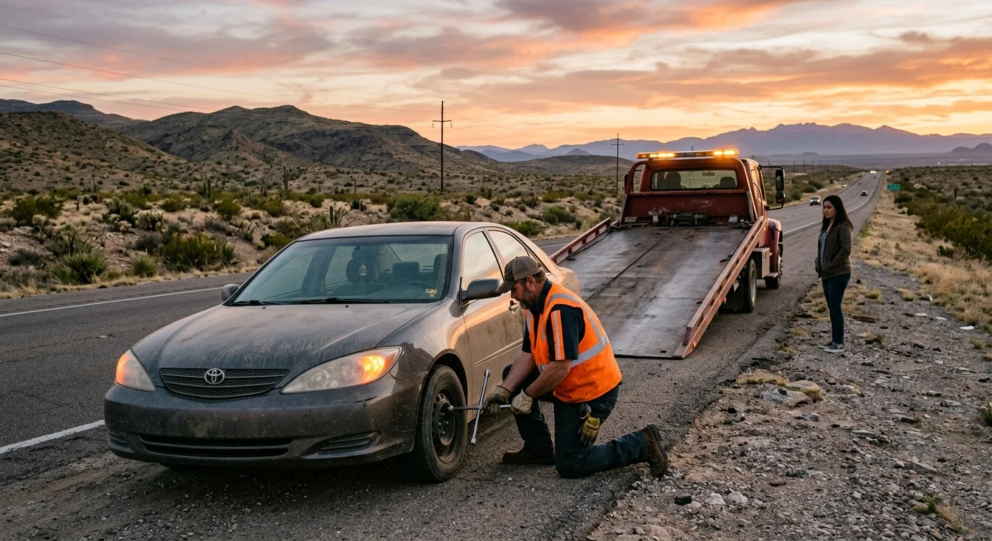 A disabled car on a desert highway shoulder near the Texas and New Mexico state line at Sunland Park