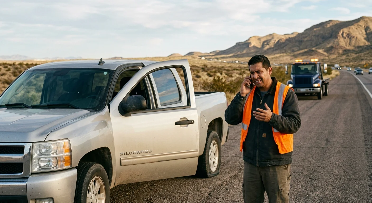 An El Paso driver calling for towing help from a roadside pullout beside a disabled car