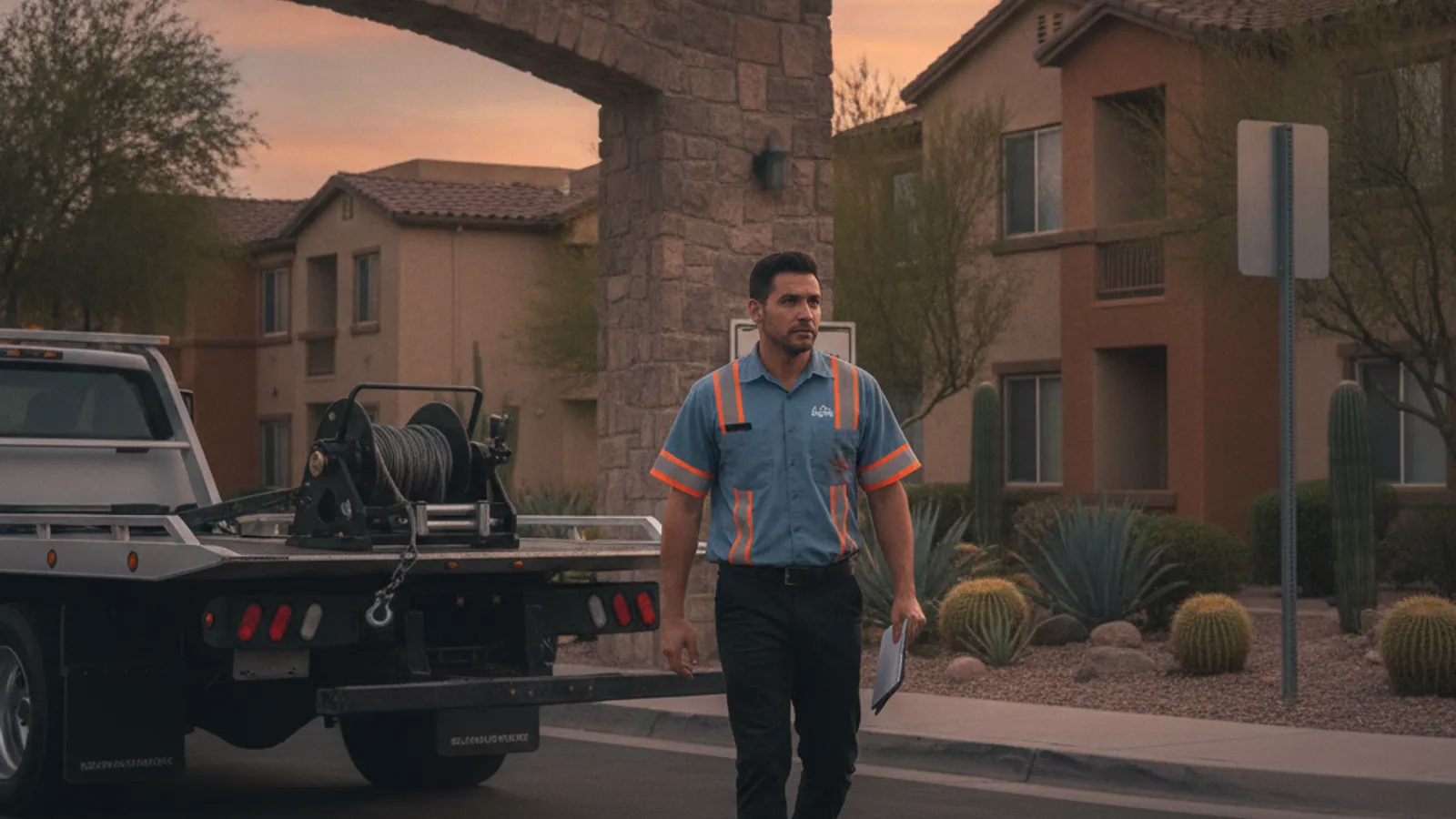 A tow driver walking toward a flatbed tow truck parked near an apartment complex entrance at dusk with a tow zone sign post nearby