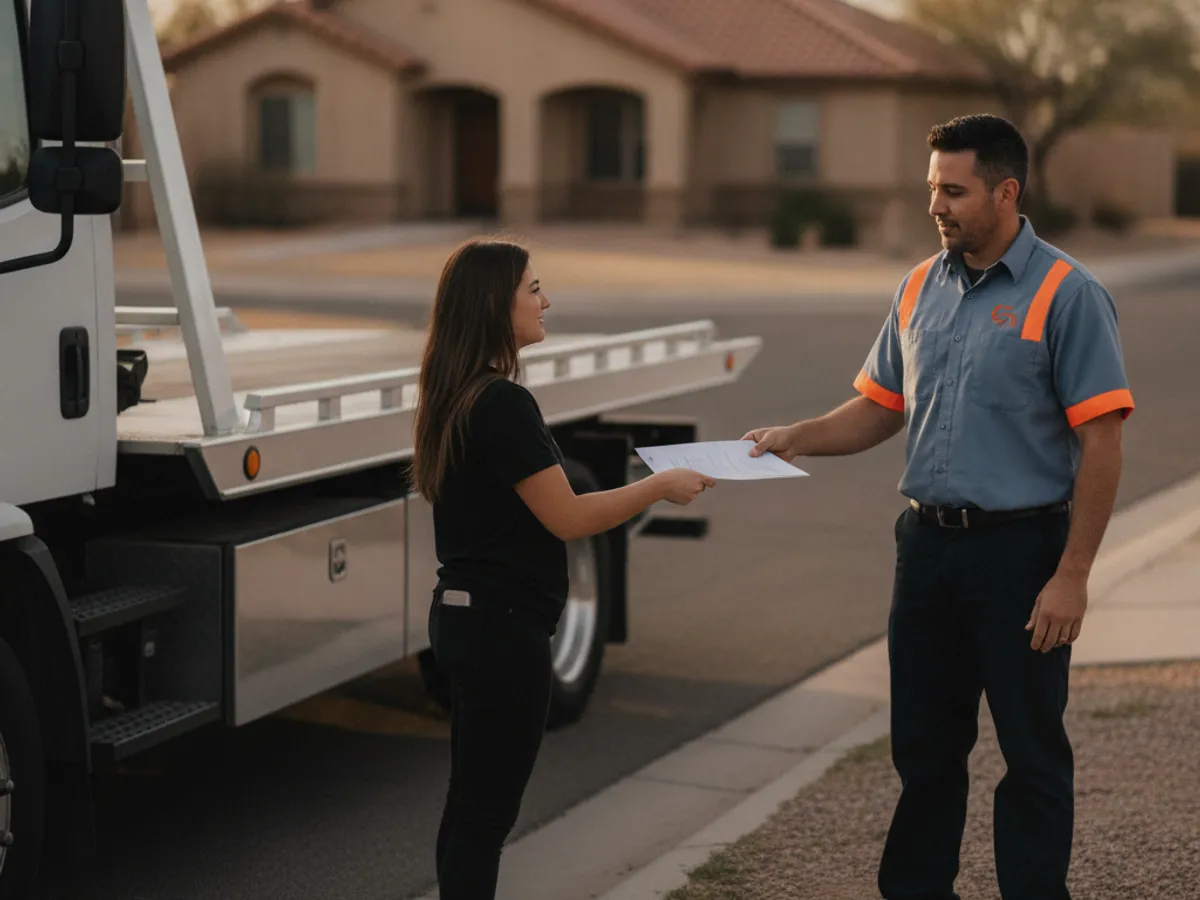 A Quick Tow El Paso driver in a steel blue polo handing a printed service form to a vehicle owner beside a flatbed tow truck