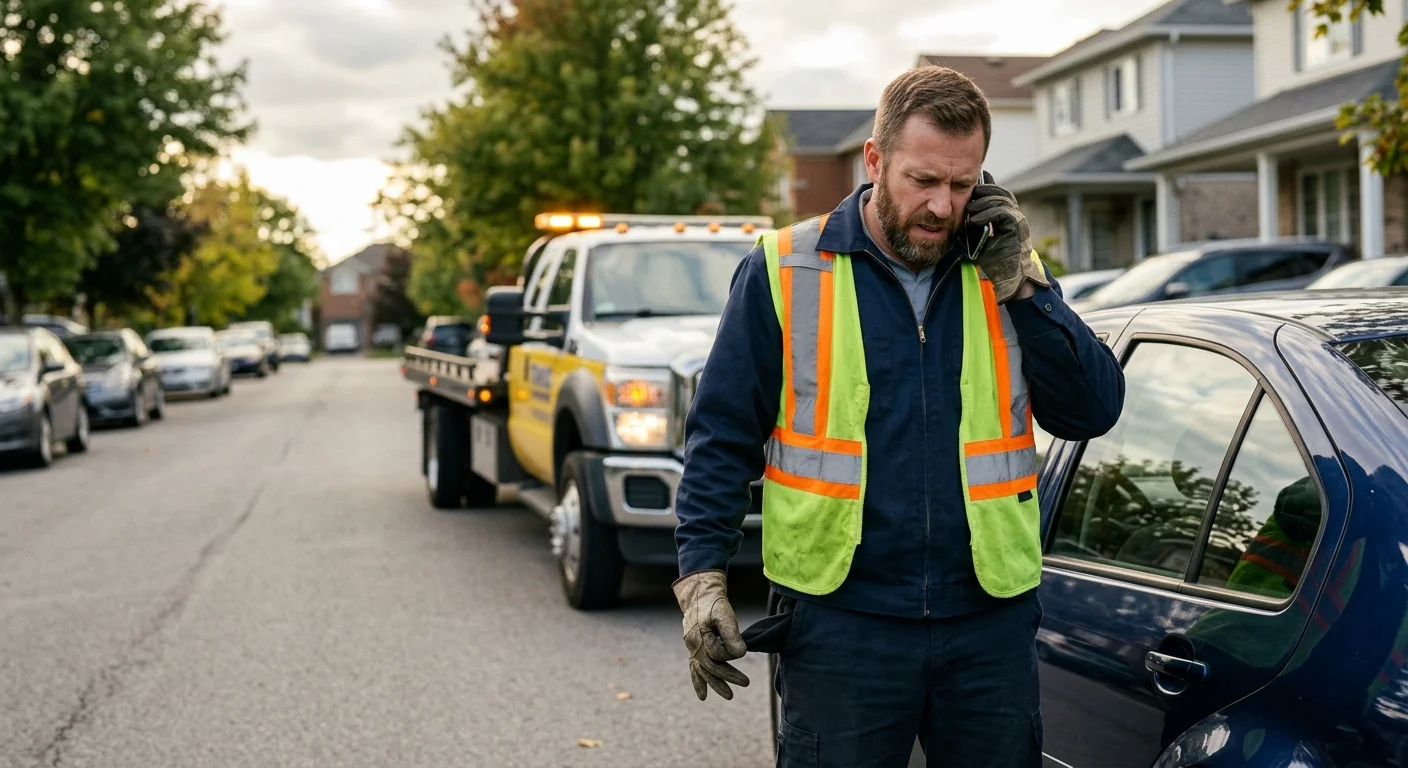 A vehicle owner checking empty pockets while calling tow dispatch beside a locked car