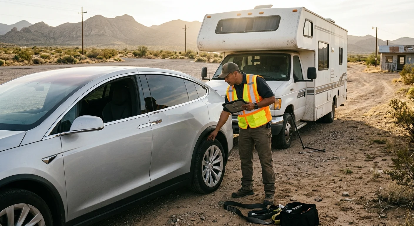Tesla and RV stopped at a desert travel area near El Paso