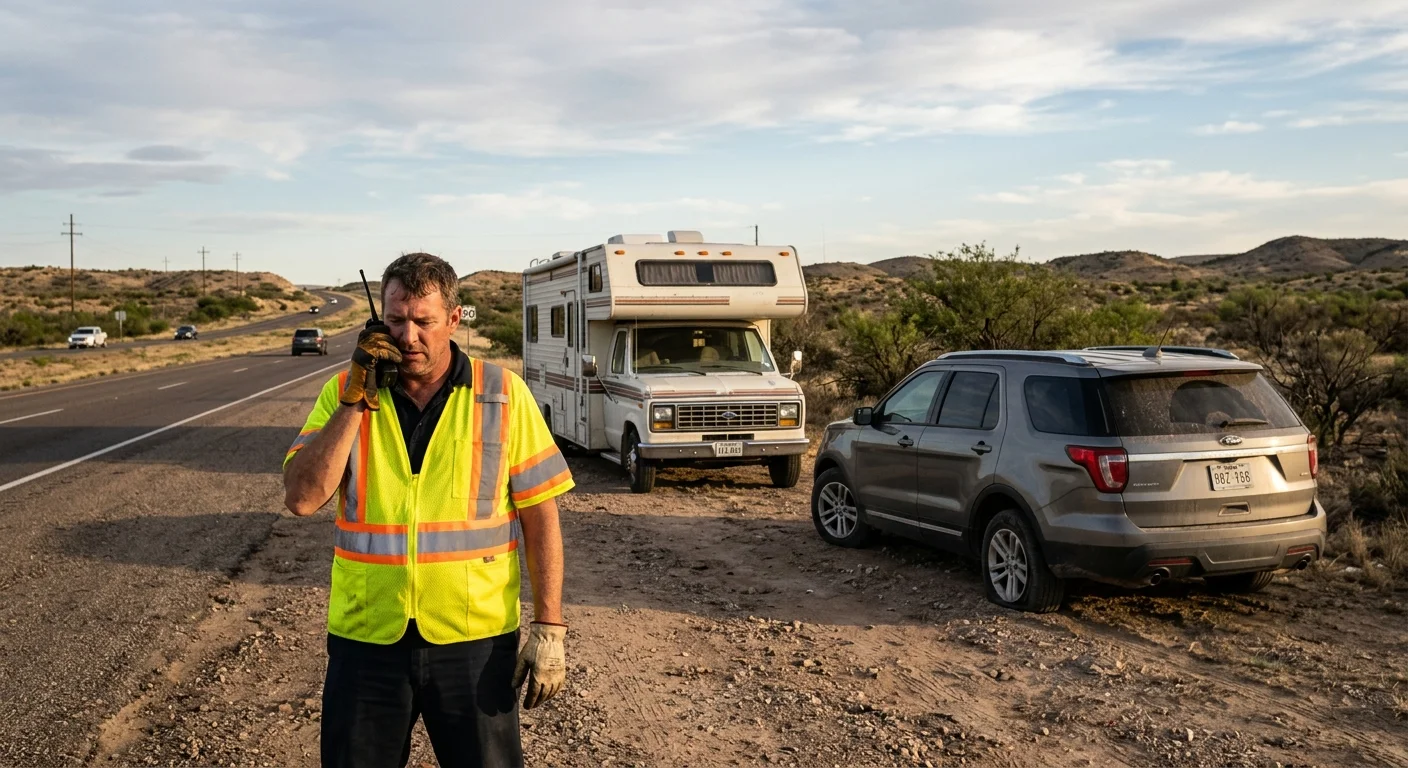 An RV and a separate disabled passenger car at a West Texas roadside area, traveler calling dispatch
