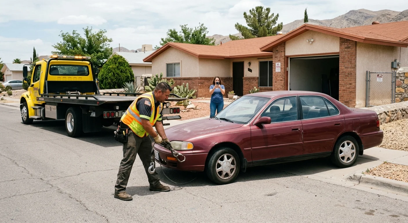 An unfamiliar car blocking a residential driveway in El Paso, resident documenting the situation by phone