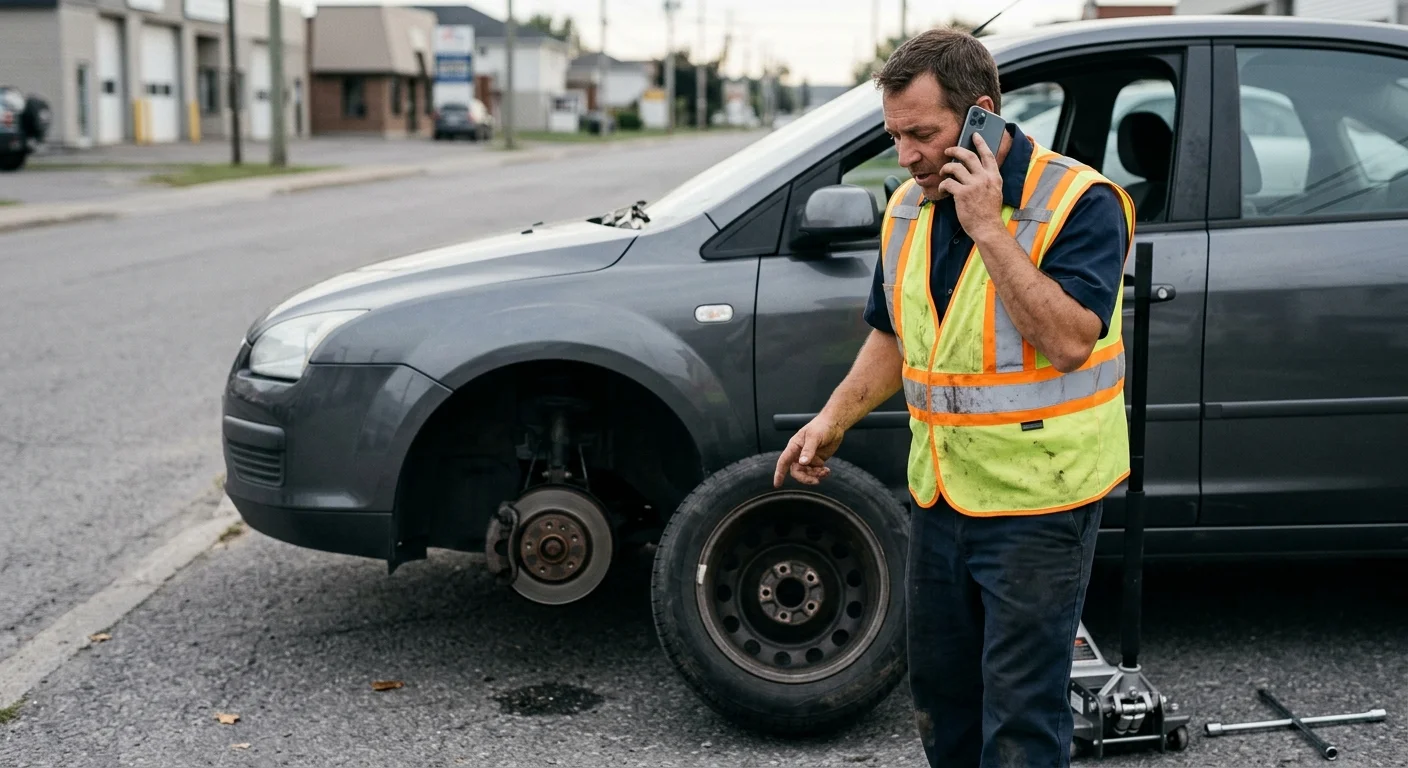 A stationary car with one wheel removed, owner describing the condition by phone before transport