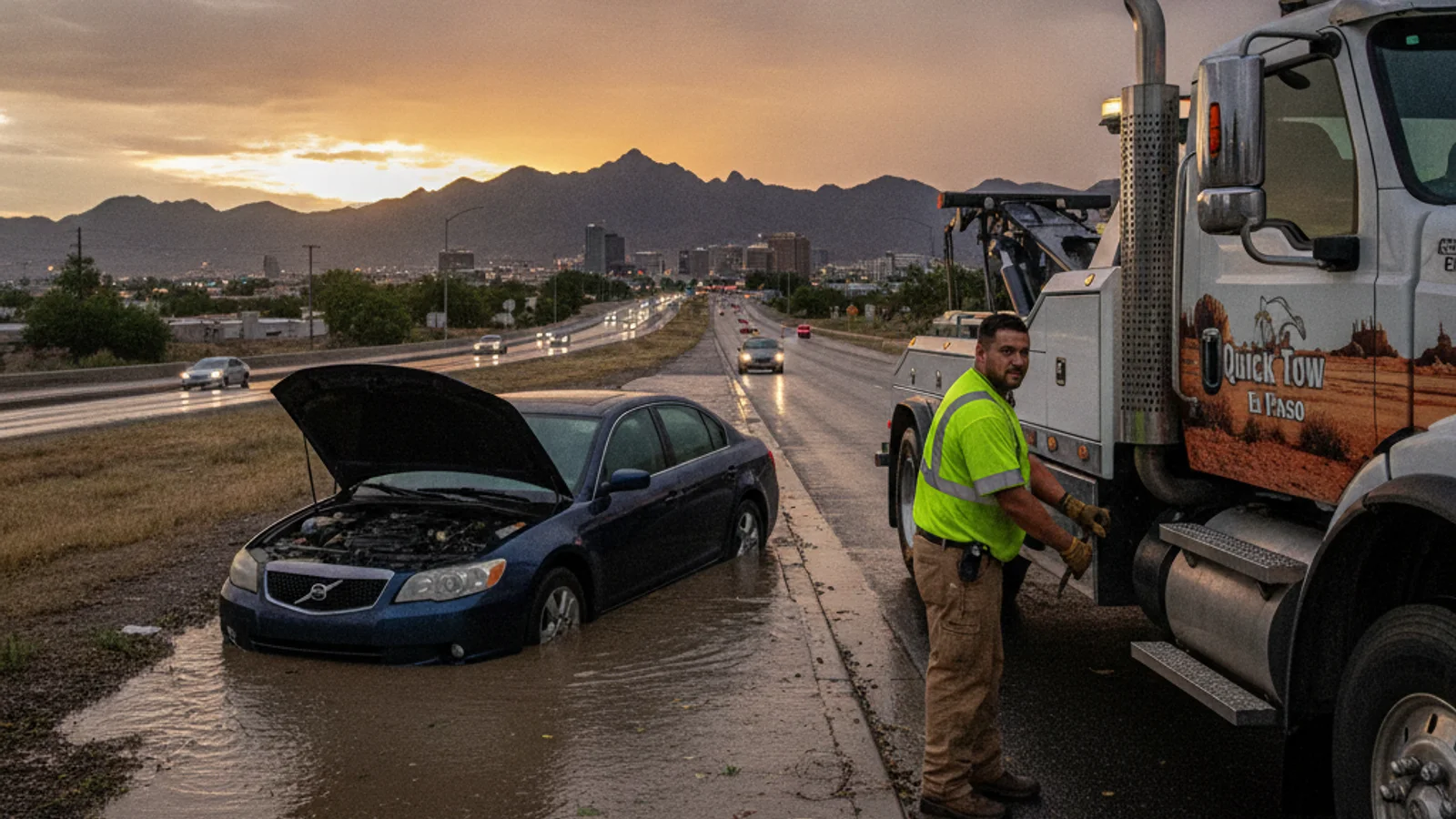 A car stalled in rising flood water at a flooded El Paso underpass during a monsoon thunderstorm as a flatbed tow truck approaches