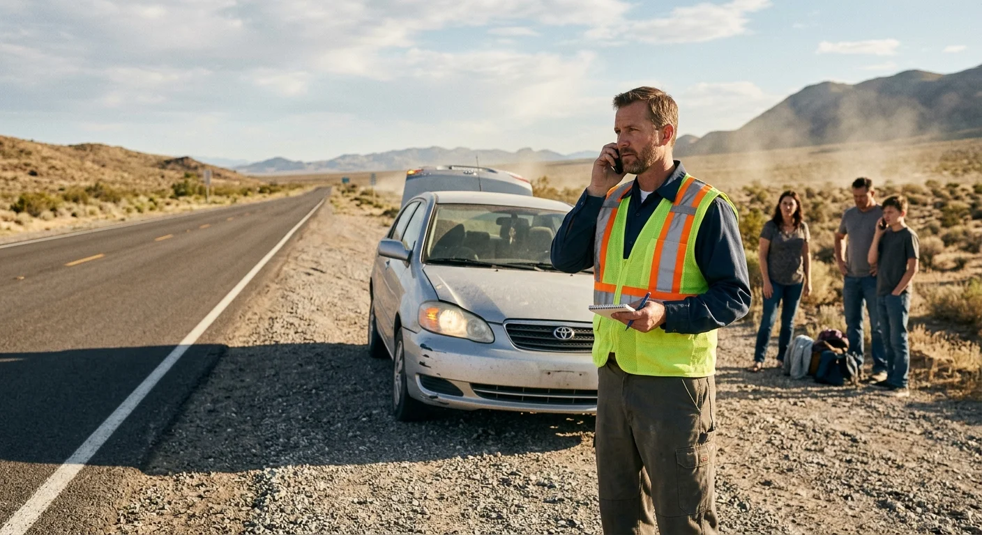 A car stopped off the paved roadway in a dry desert setting, occupants away from traffic and calling for help