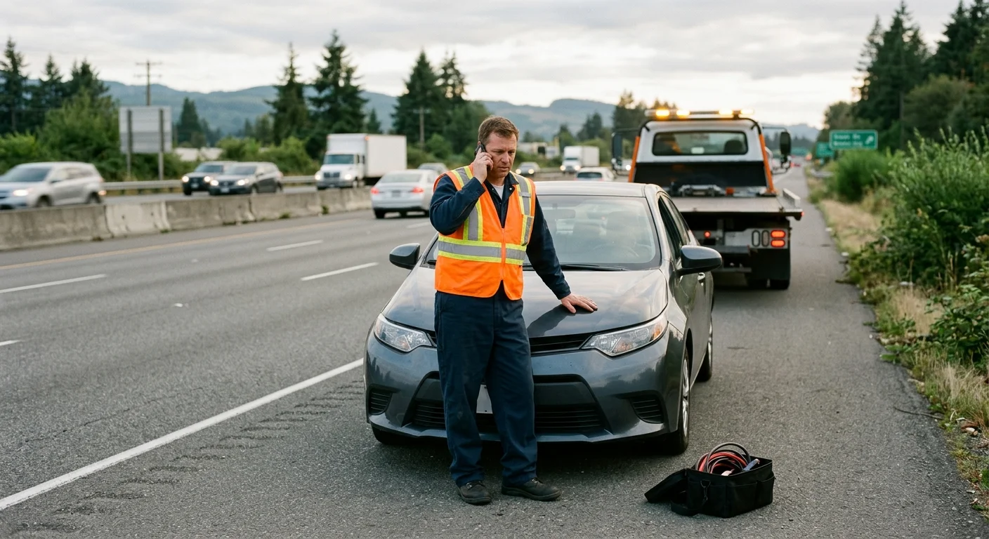 A driver calling for help beside a car after an unsuccessful jump attempt, jumper cables put away