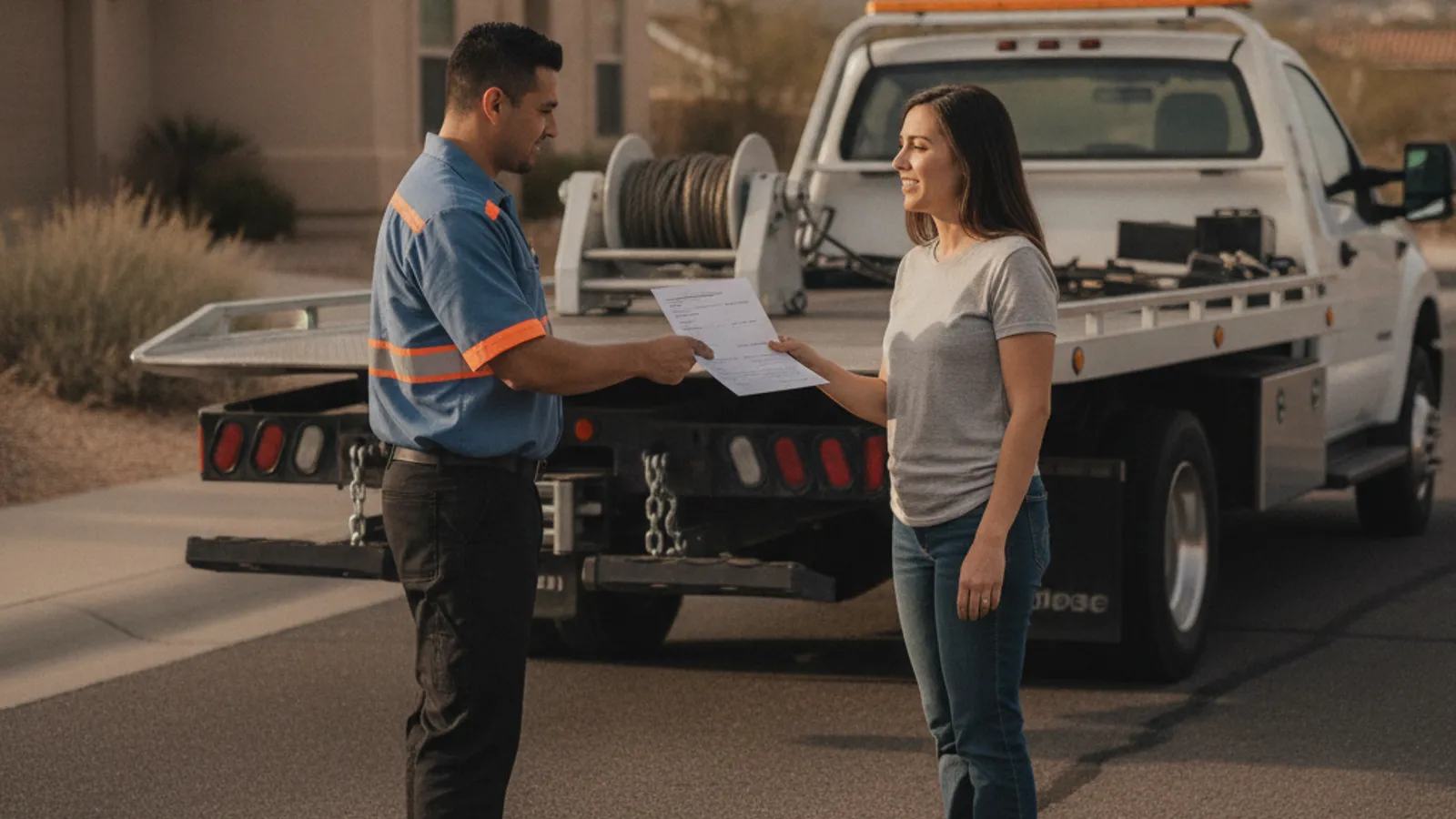 Tow truck driver handing a car owner a simple flat-rate quote beside a flatbed truck on an El Paso street