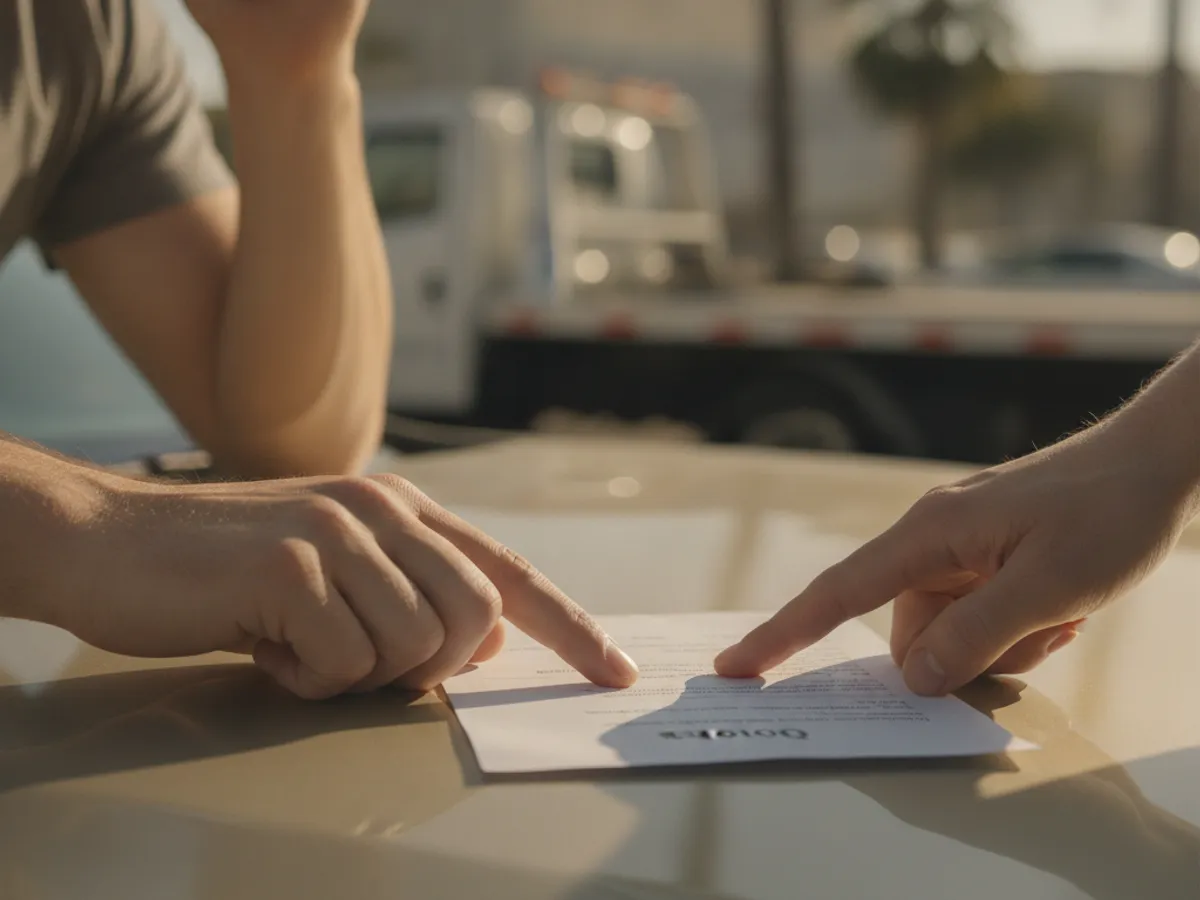 Close-up of a hand holding a phone and a printed tow price quote on a car hood in El Paso