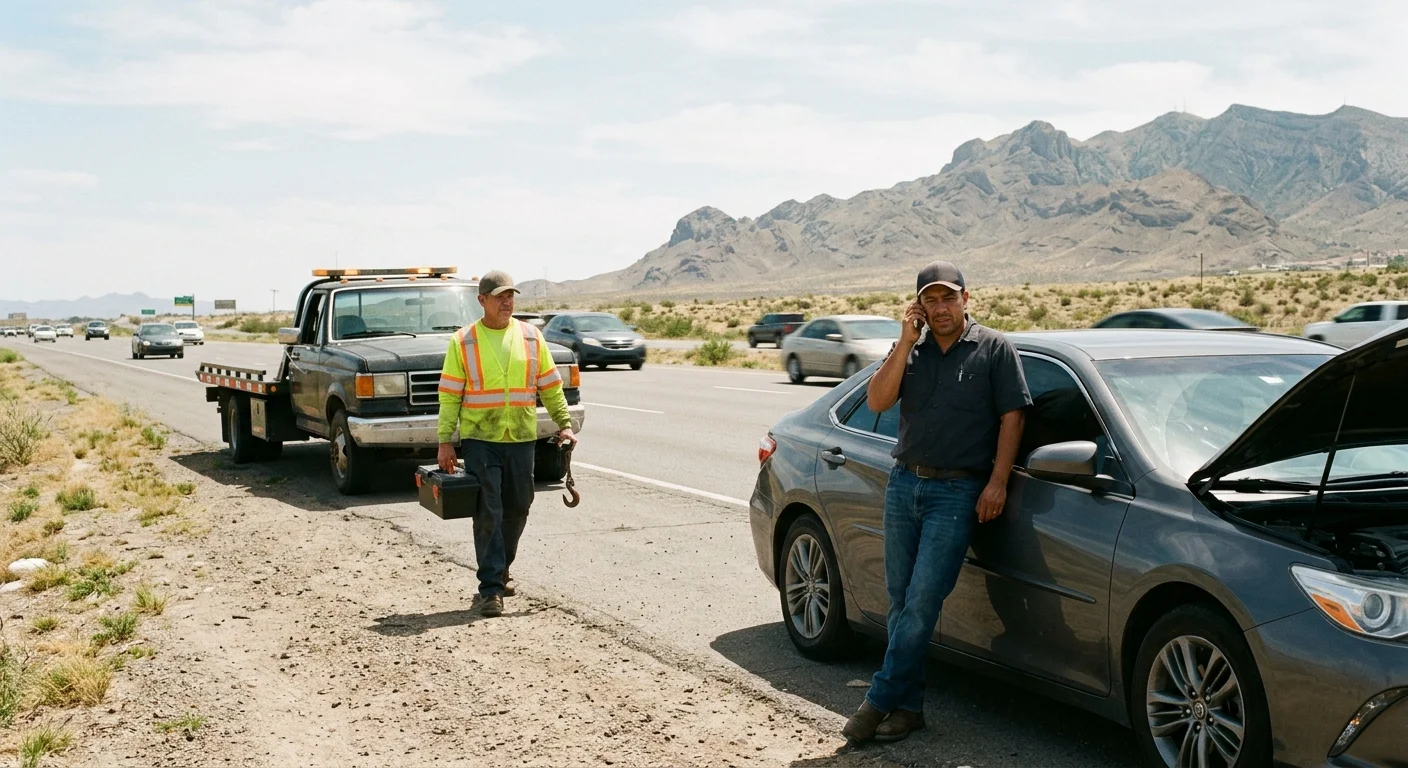Driver calling for towing help beside a disabled sedan in El Paso