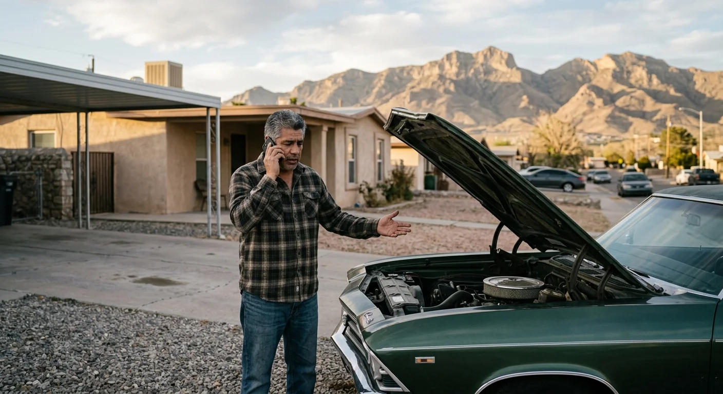 A classic car that will not start in an El Paso driveway, owner calling for towing help, Franklin Mountains in