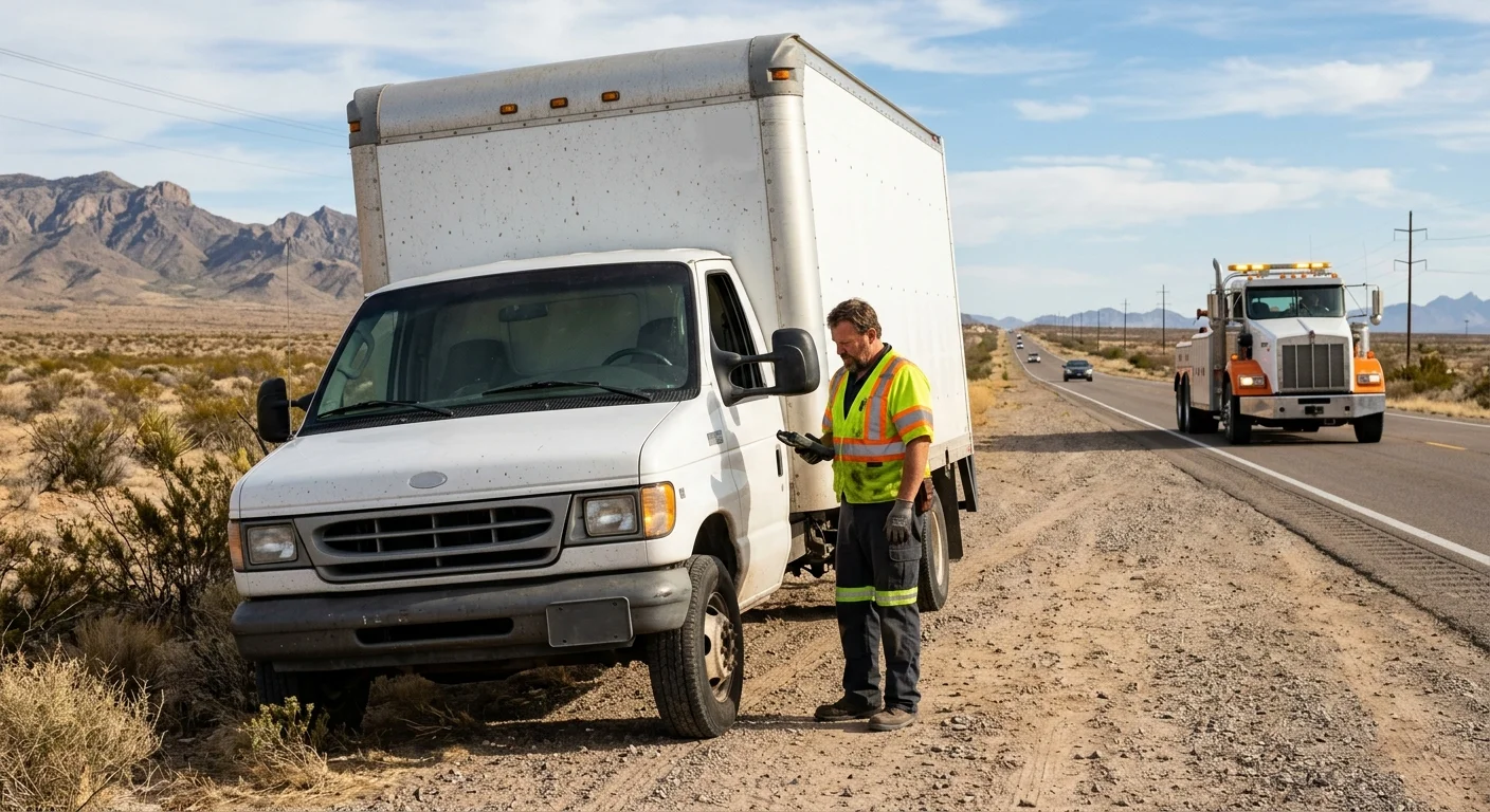 A disabled commercial box truck on a wide desert highway shoulder near Socorro, Texas, heavy wrecker approaching