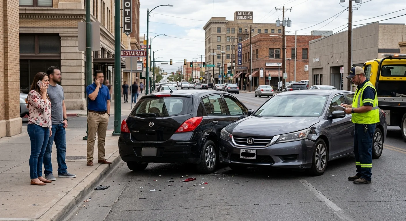 Two cars stopped after a minor crash on a Downtown El Paso street, occupants off the roadway on a call