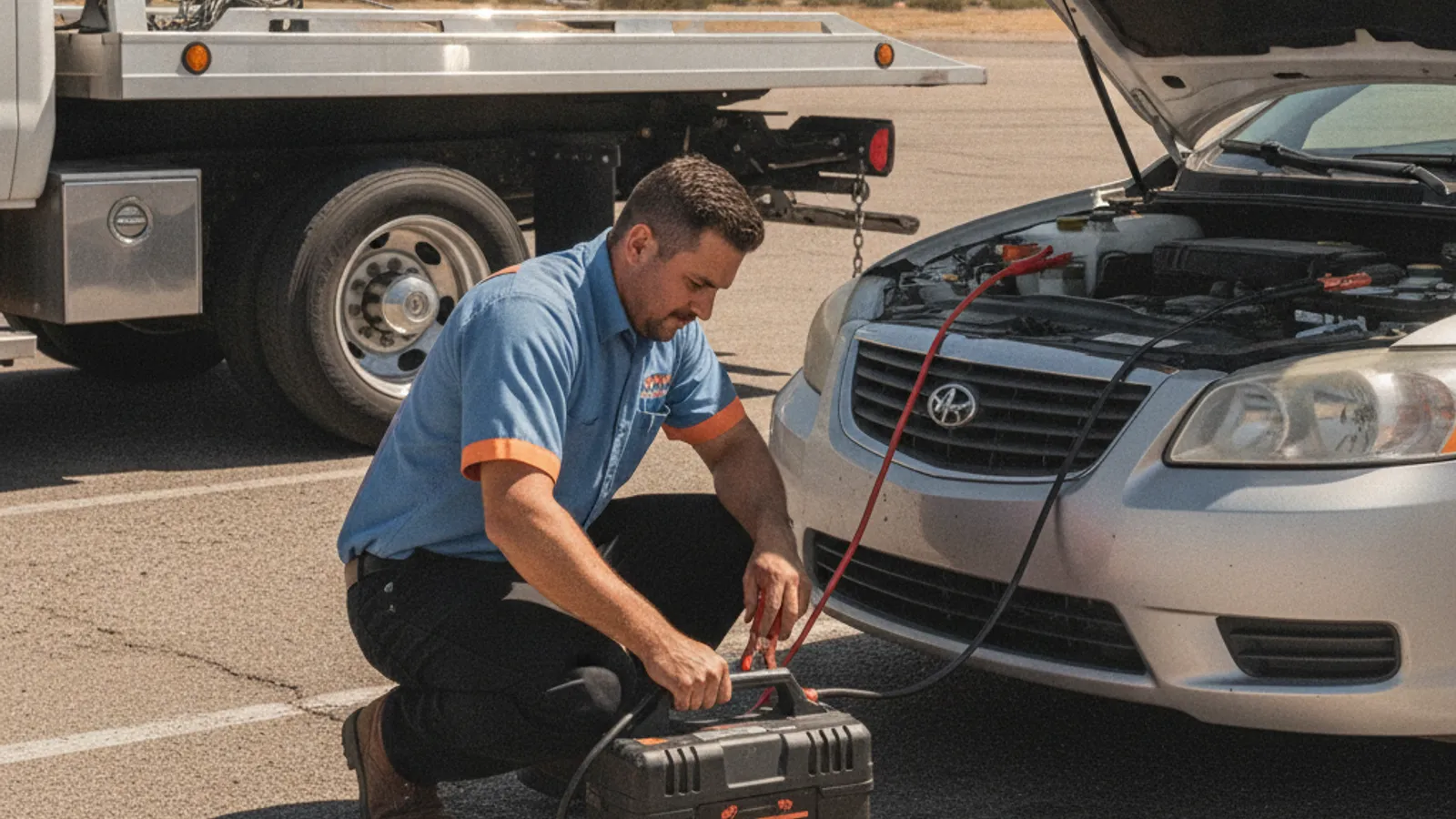 A tow driver connecting a jump-start pack to a car battery in a sun-baked El Paso parking lot at midday