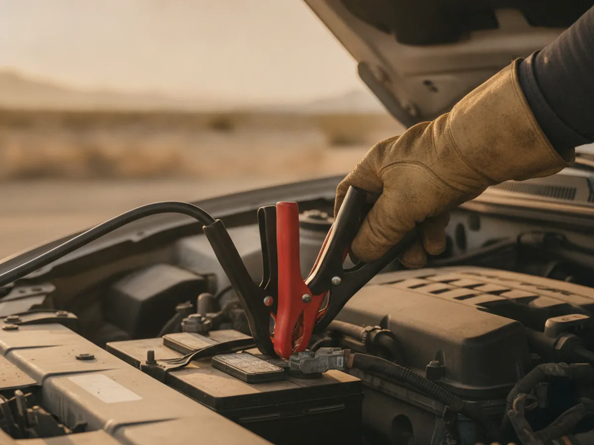 Close-up of jumper cable clamps connected to a car battery terminal under the hood in El Paso heat