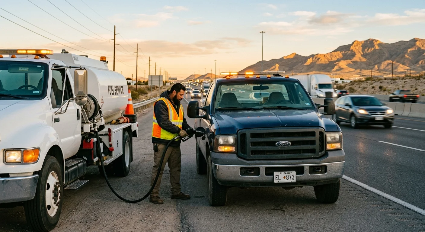 A work pickup stopped on an El Paso highway shoulder at golden hour while a fuel service vehicle pulls alongside