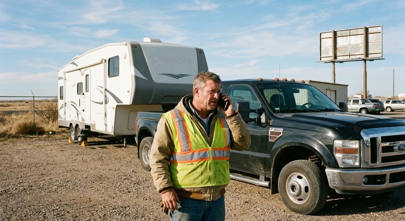 A fifth-wheel trailer and pickup stopped at a West Texas travel area, owner calling for help