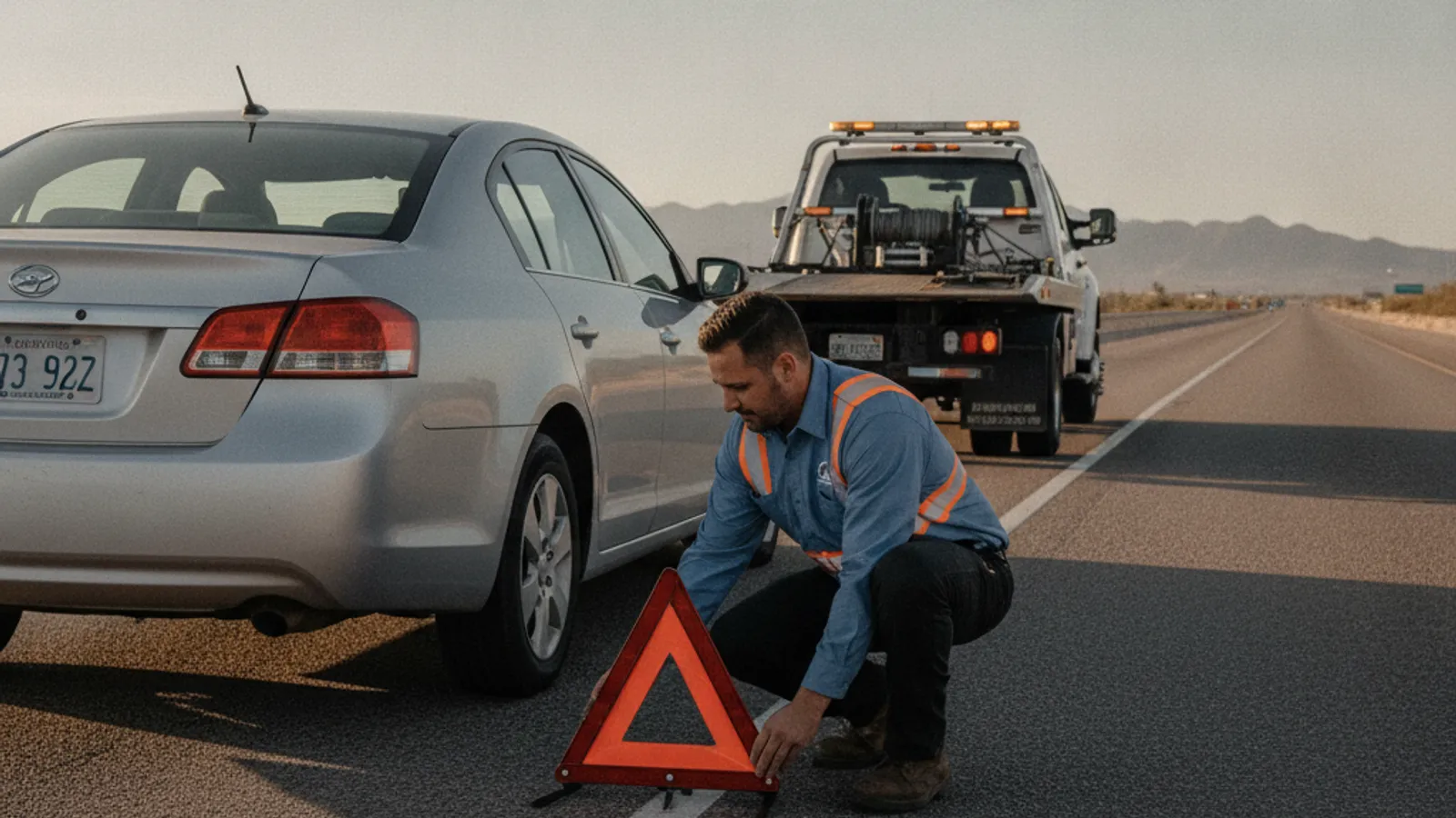 A tow driver positioning warning lights behind a car with a flat tire pulled onto an El Paso freeway shoulder