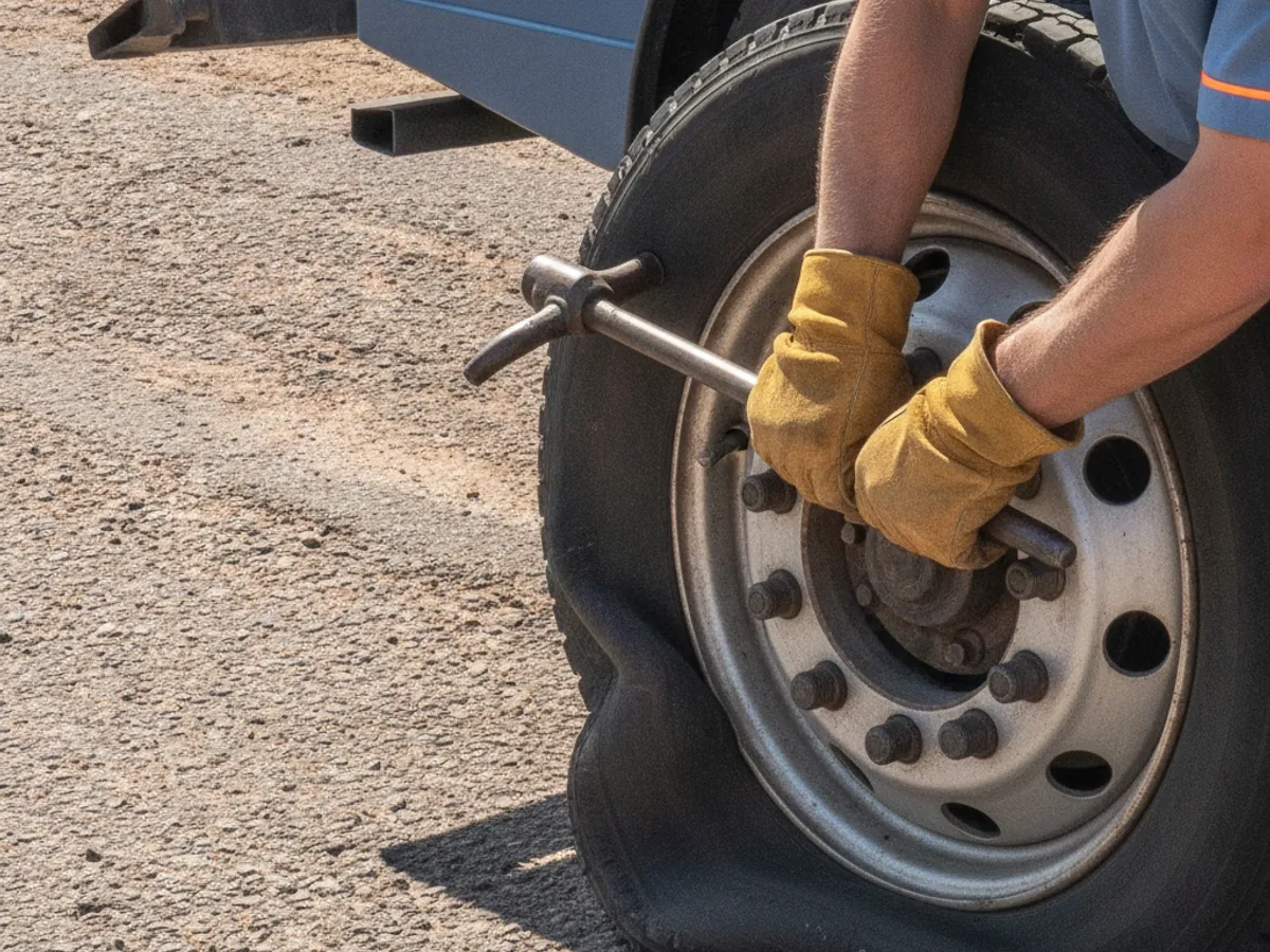 Close-up of a tow driver using a lug wrench to loosen wheel lugs during a roadside flat tire change in El Paso