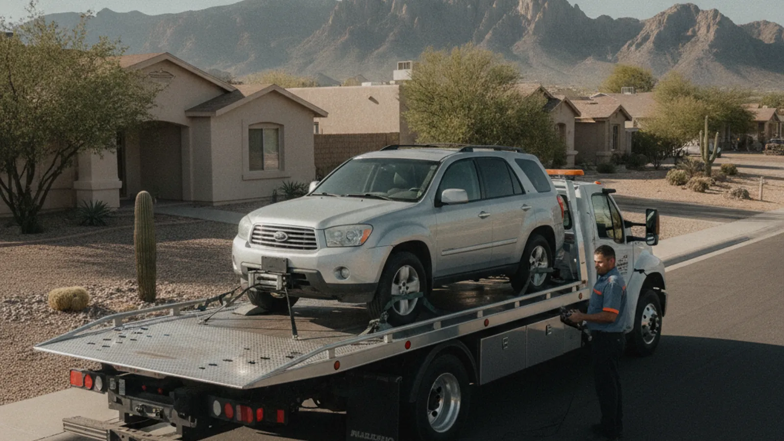 A white flatbed rollback tow truck with its bed tilted down loading a silver AWD SUV on a residential El Paso street with the Franklin Mountains behind