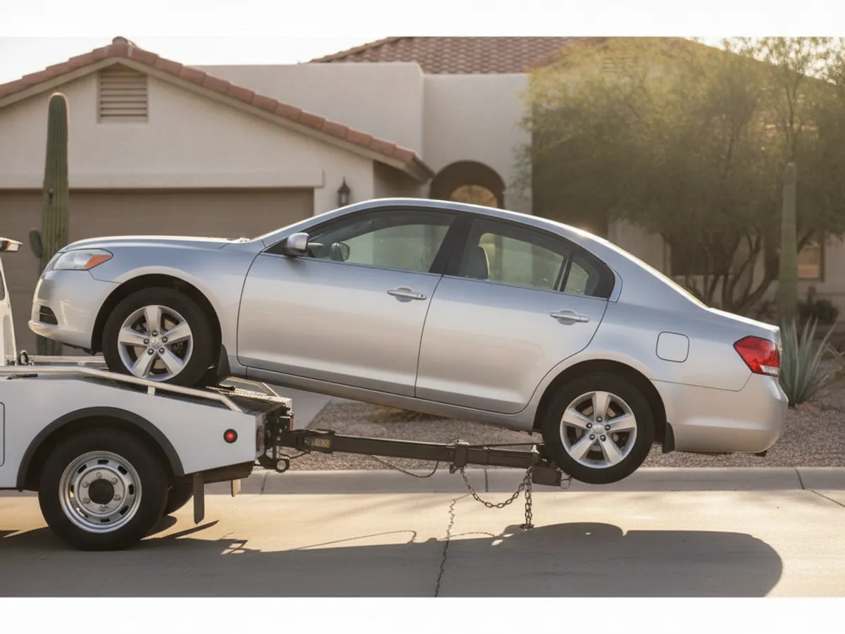 Close-up side view of a wheel-lift tow truck yoke lifted under the front wheels of a sedan in an El Paso driveway