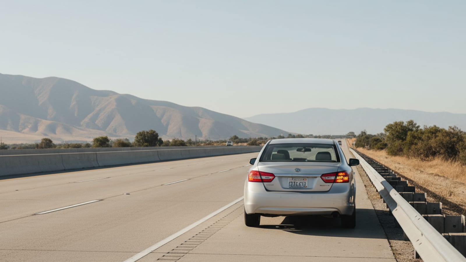 A car stopped on the shoulder of an El Paso freeway with hazard lights on during daytime traffic