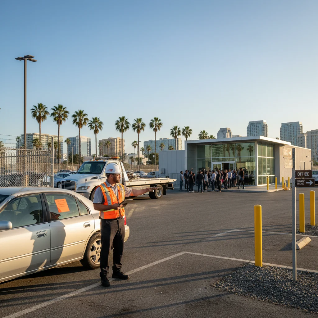 A tow truck unloading a car at a storage lot