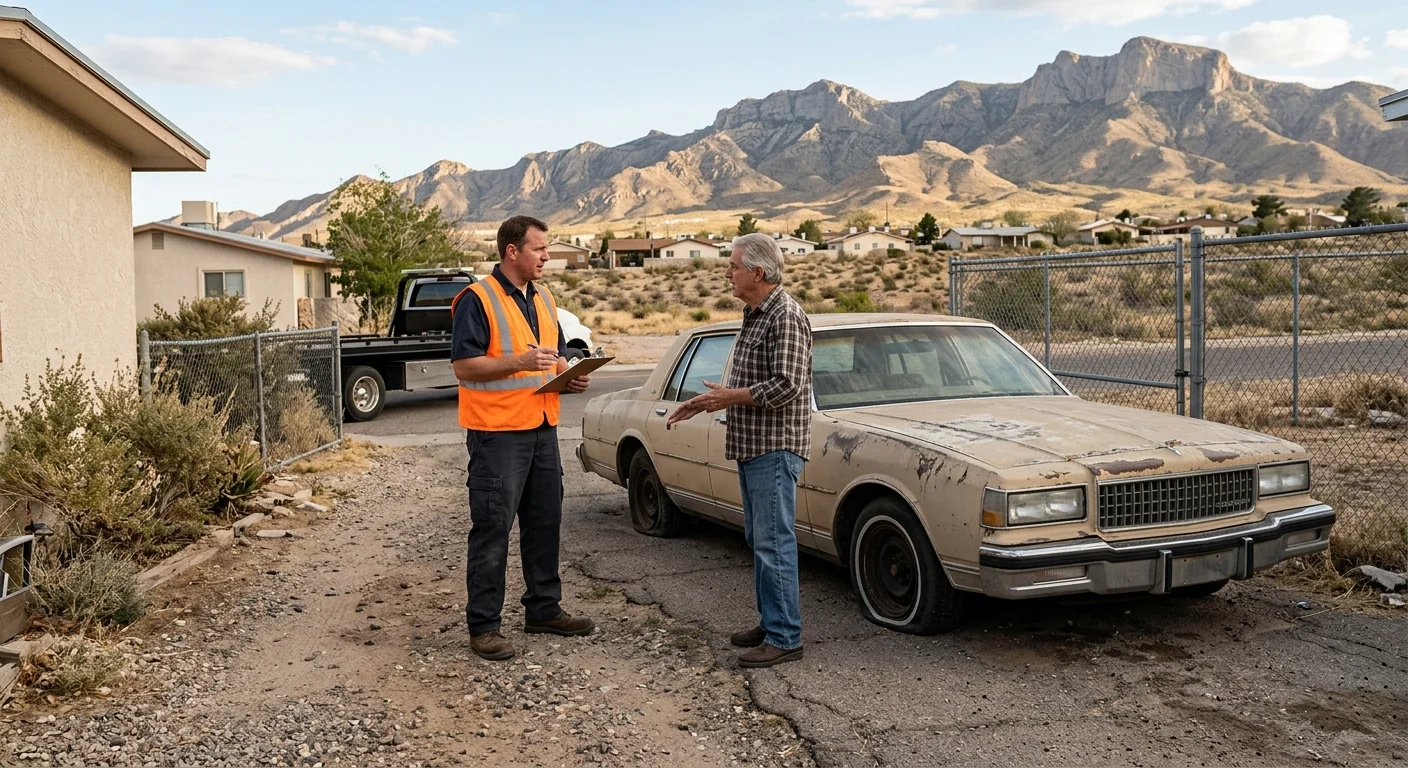 Weathered sedan on an El Paso driveway beside a towing operator