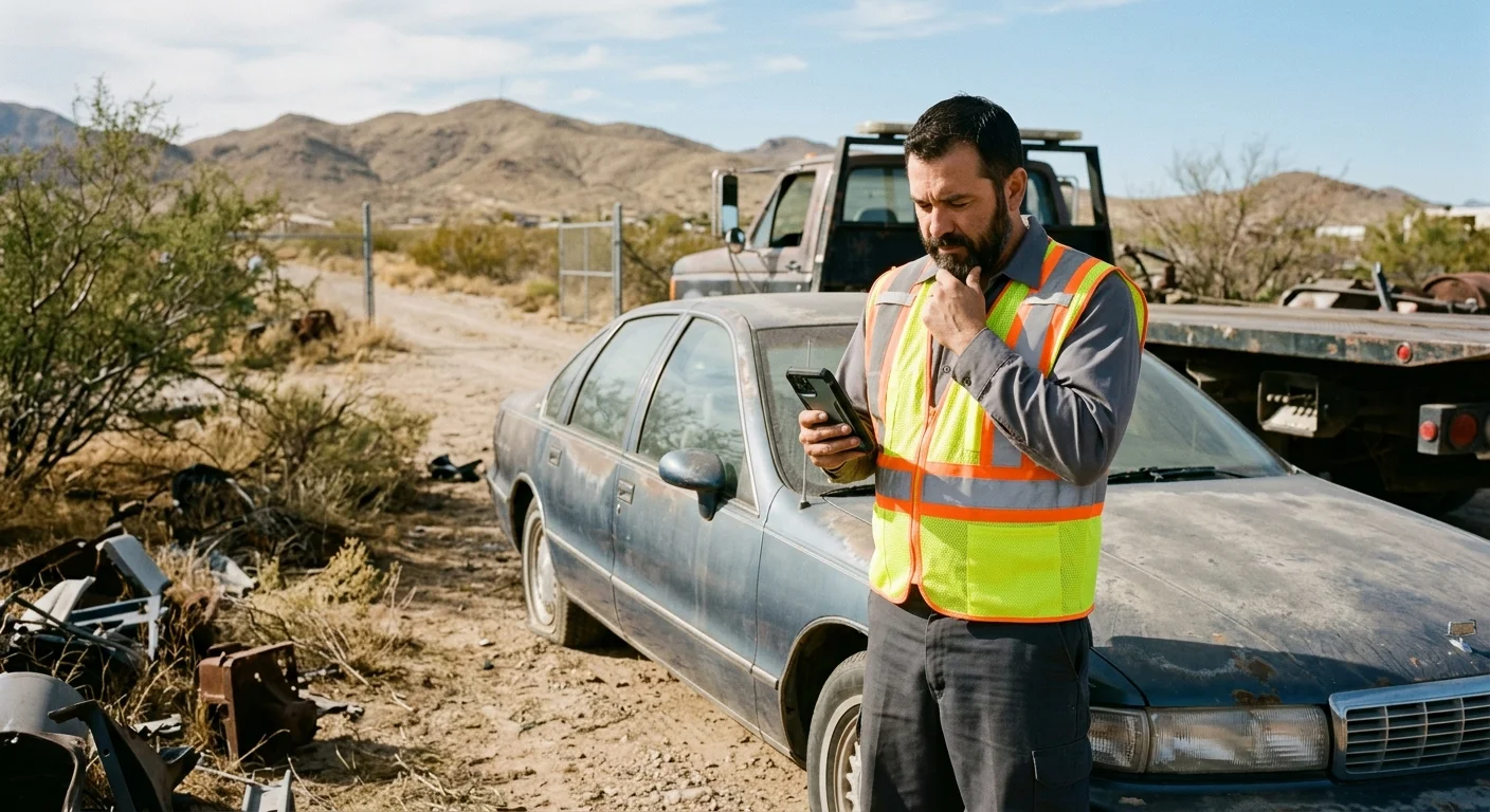 An unwanted older car on private property in El Paso, owner reviewing vehicle records by phone