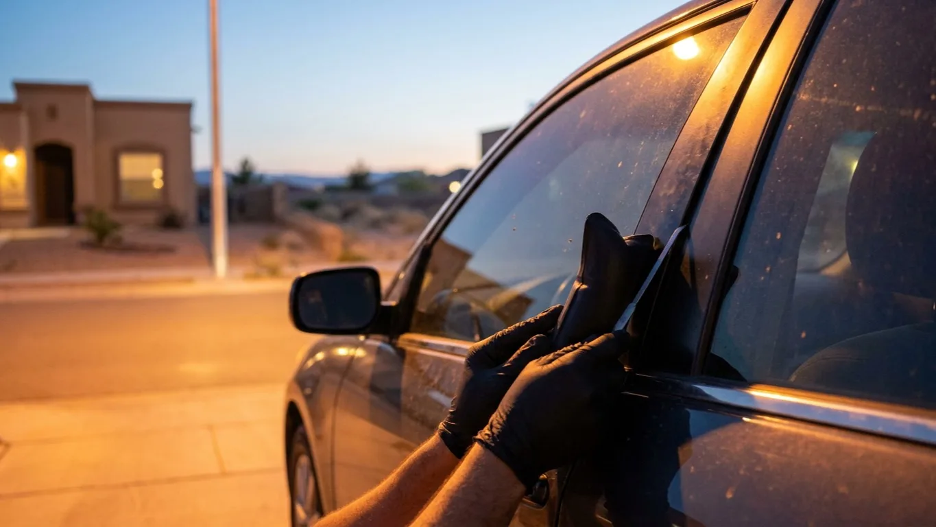 A roadside technician using a slim-jim and air wedge to open a locked car door in an El Paso driveway at dusk