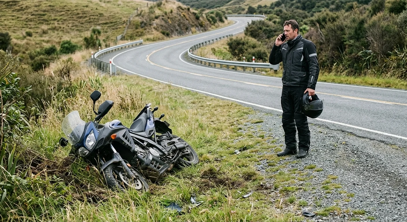 Motorcycle off the roadway after a crash, rider standing clear and calling for recovery