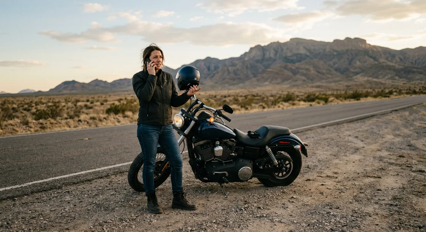 A motorcycle owner calling for towing help beside a disabled motorcycle in El Paso