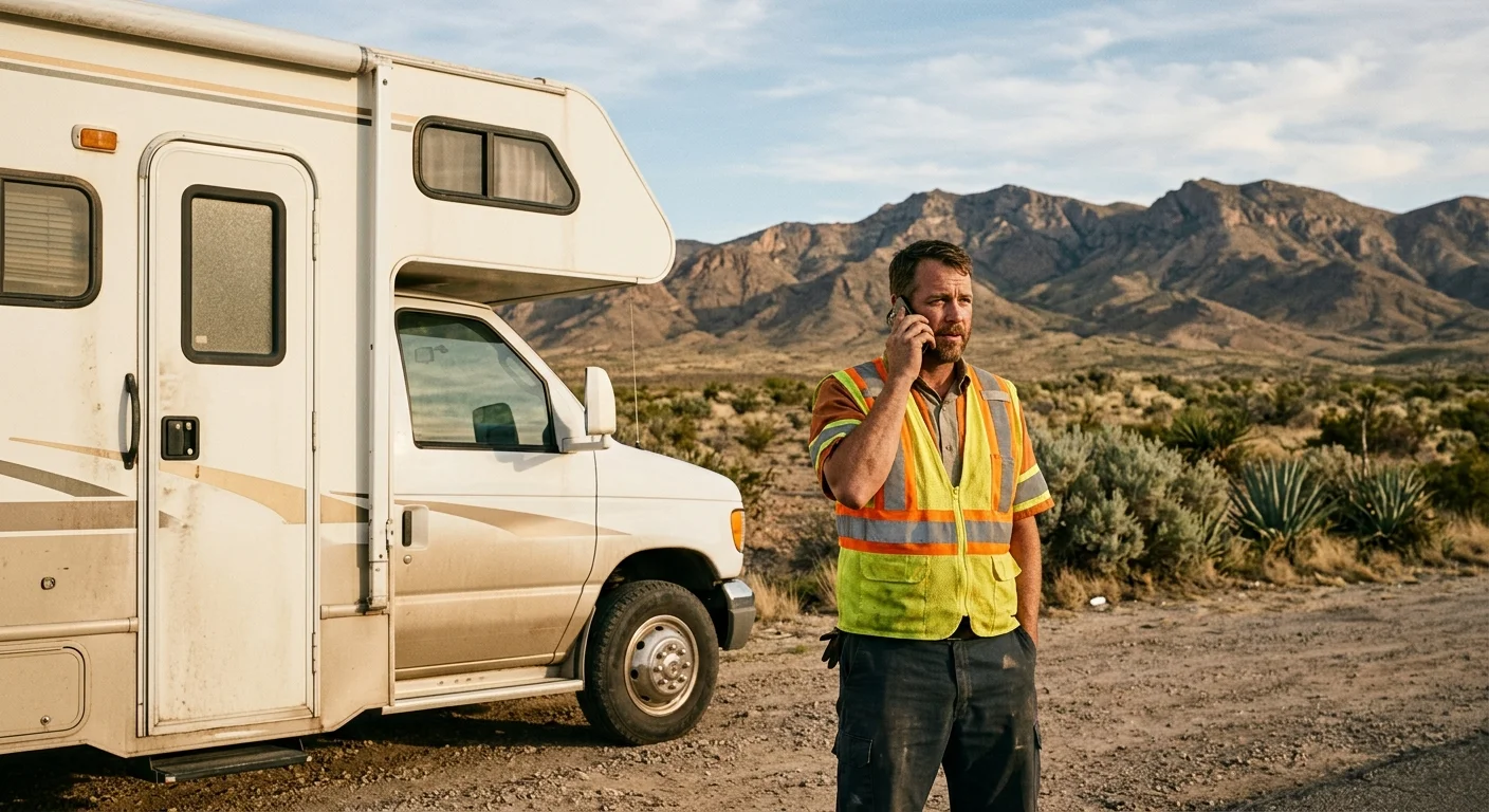 A motorhome stopped near El Paso while a traveler calls for towing help