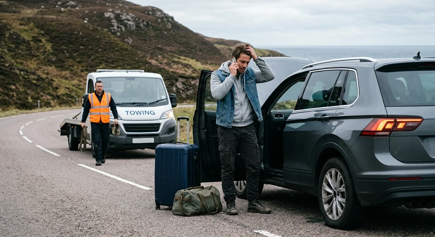 A traveler calling a rental provider beside a disabled rental car, luggage visible, vehicle and setting