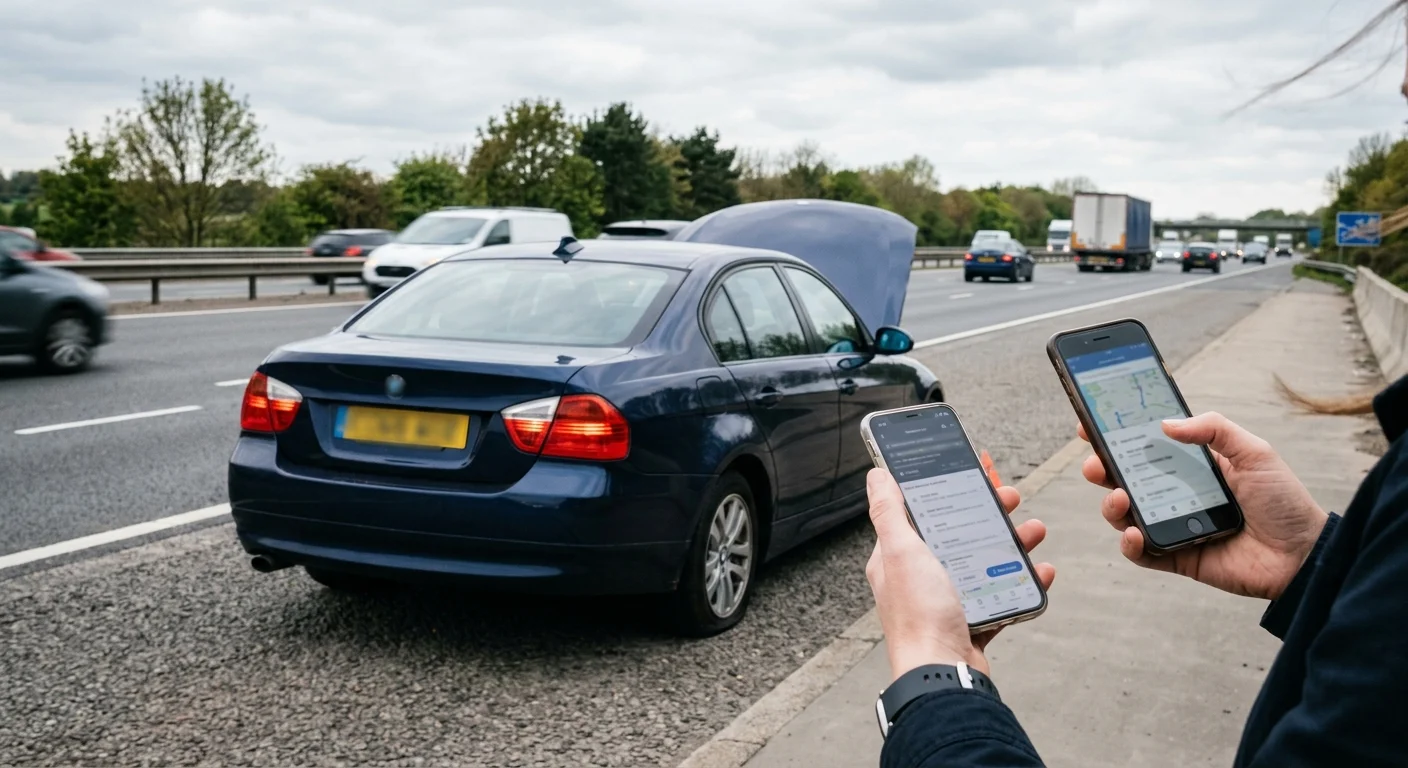 A stranded driver comparing roadside help options by phone beside a disabled car, all screen text unreadable