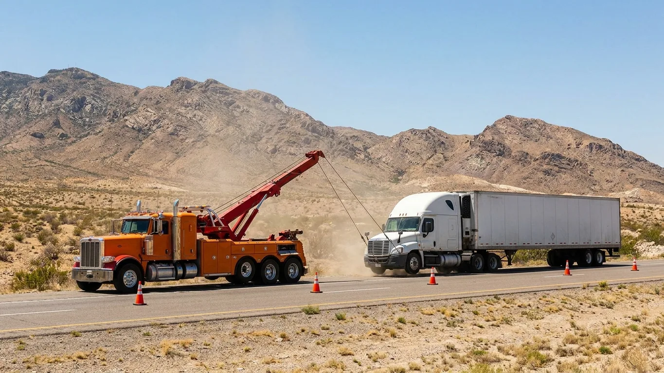 A heavy-duty wrecker recovering a white semi-truck on the shoulder of I-10 in El Paso with the Franklin Mountains behind