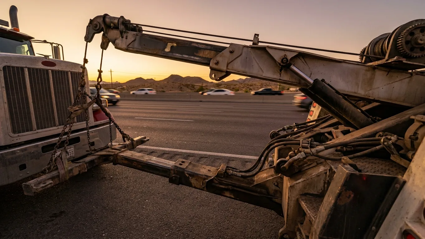 A heavy-duty rotator tow truck hooked to the front axle of a tractor-trailer on an El Paso freeway shoulder at dusk
