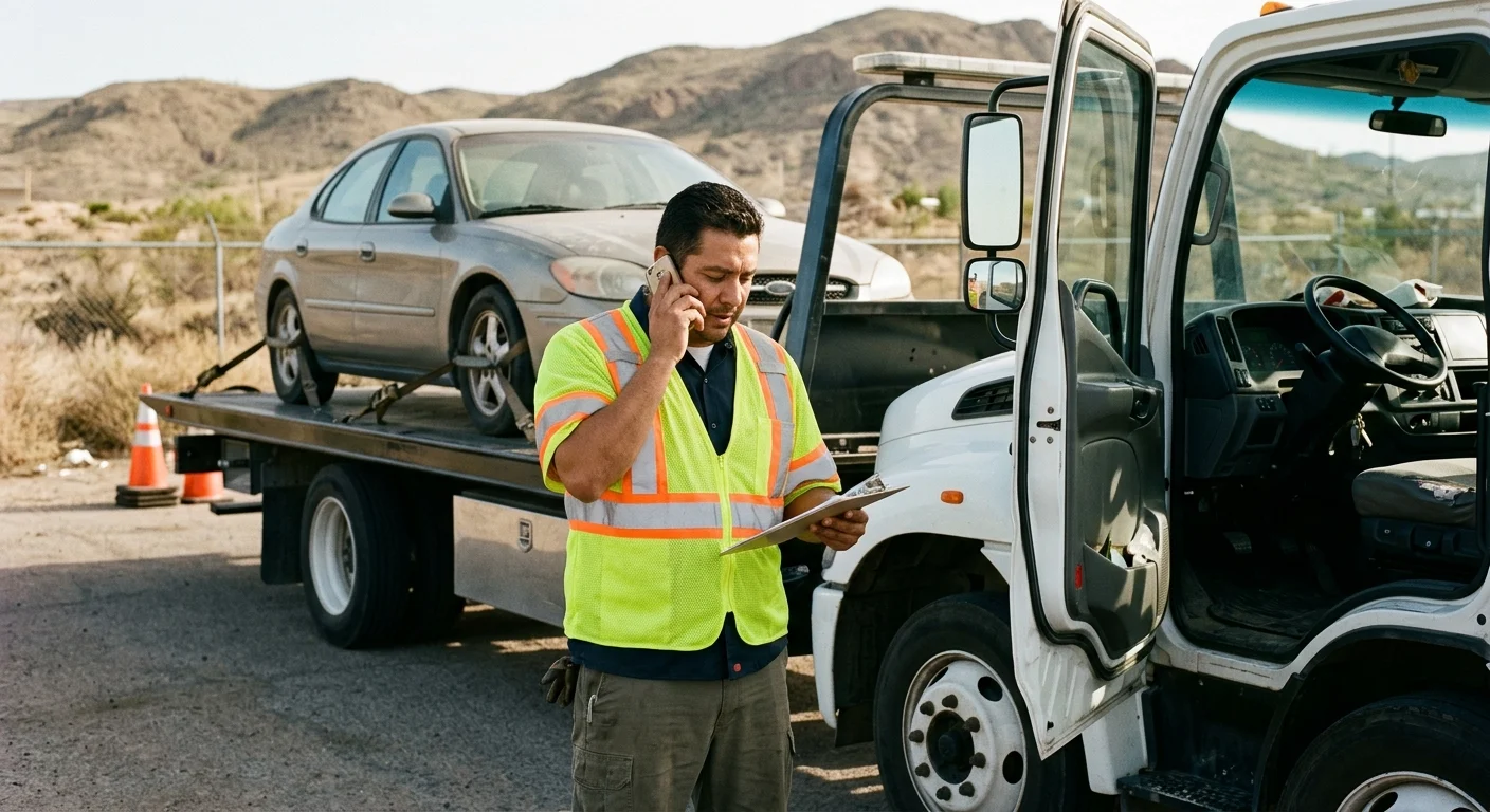 A vehicle prepared for long-distance transport near El Paso, owner confirming pickup and destination details by phone
