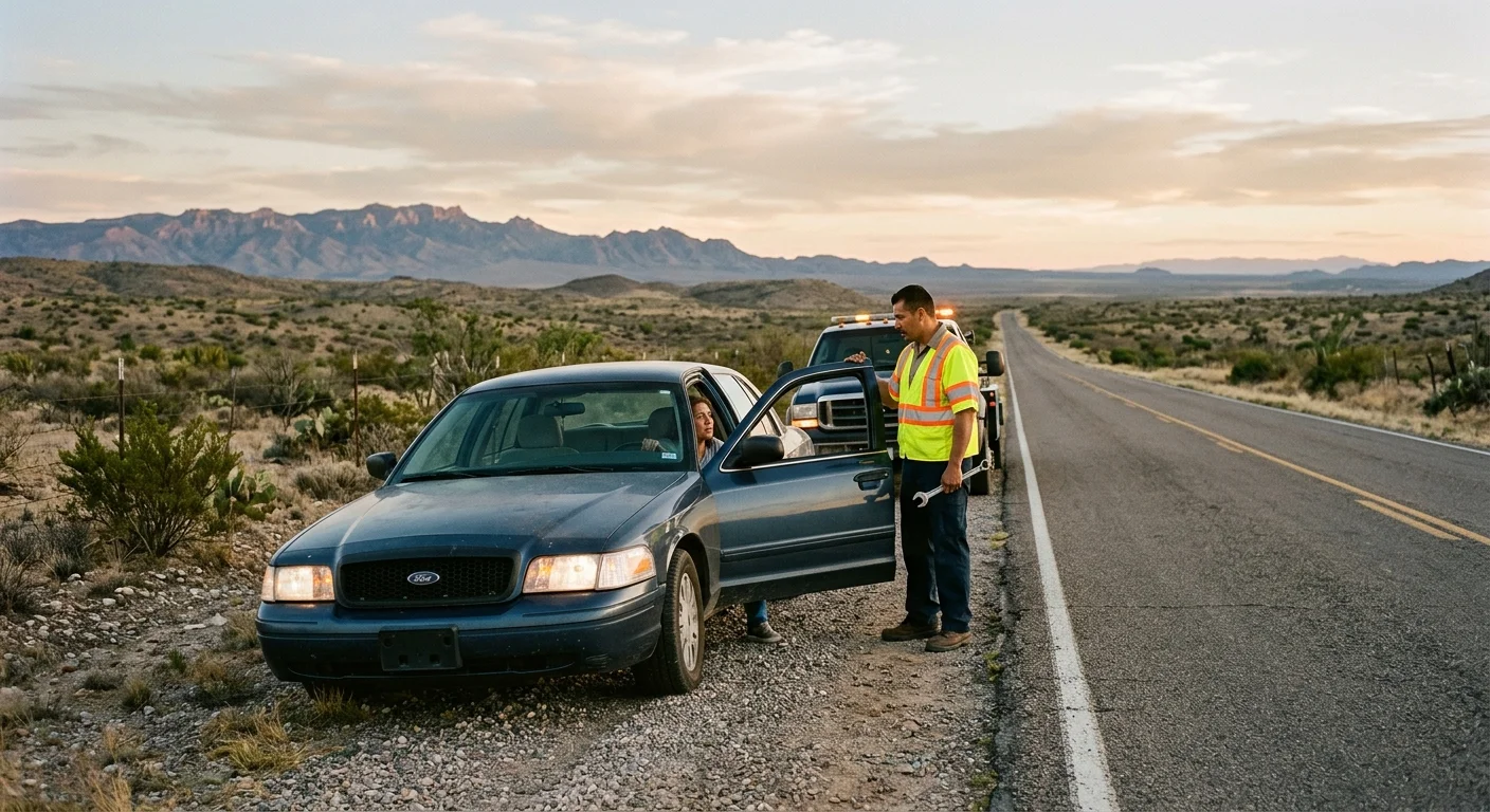 A driver waiting beside a disabled sedan on a two-lane road outside San Elizario, Texas, wide desert horizon
