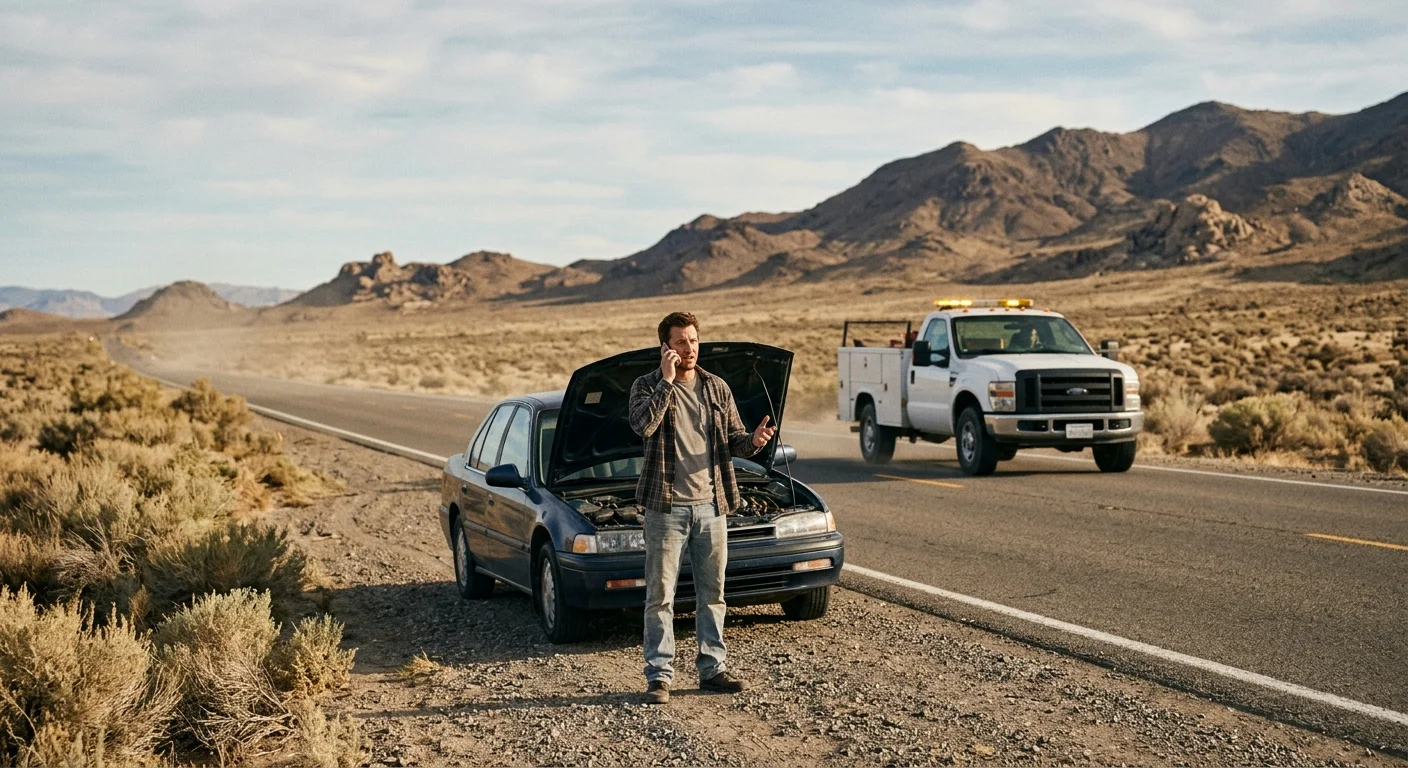 A driver calling for help beside a disabled sedan in Sparks, an, desert setting