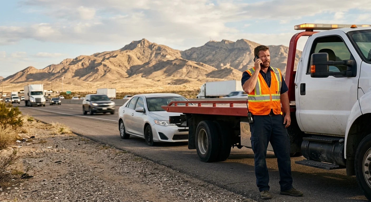 A driver calling for towing help beside a disabled vehicle on El Paso's Westside, Franklin Mountains visible