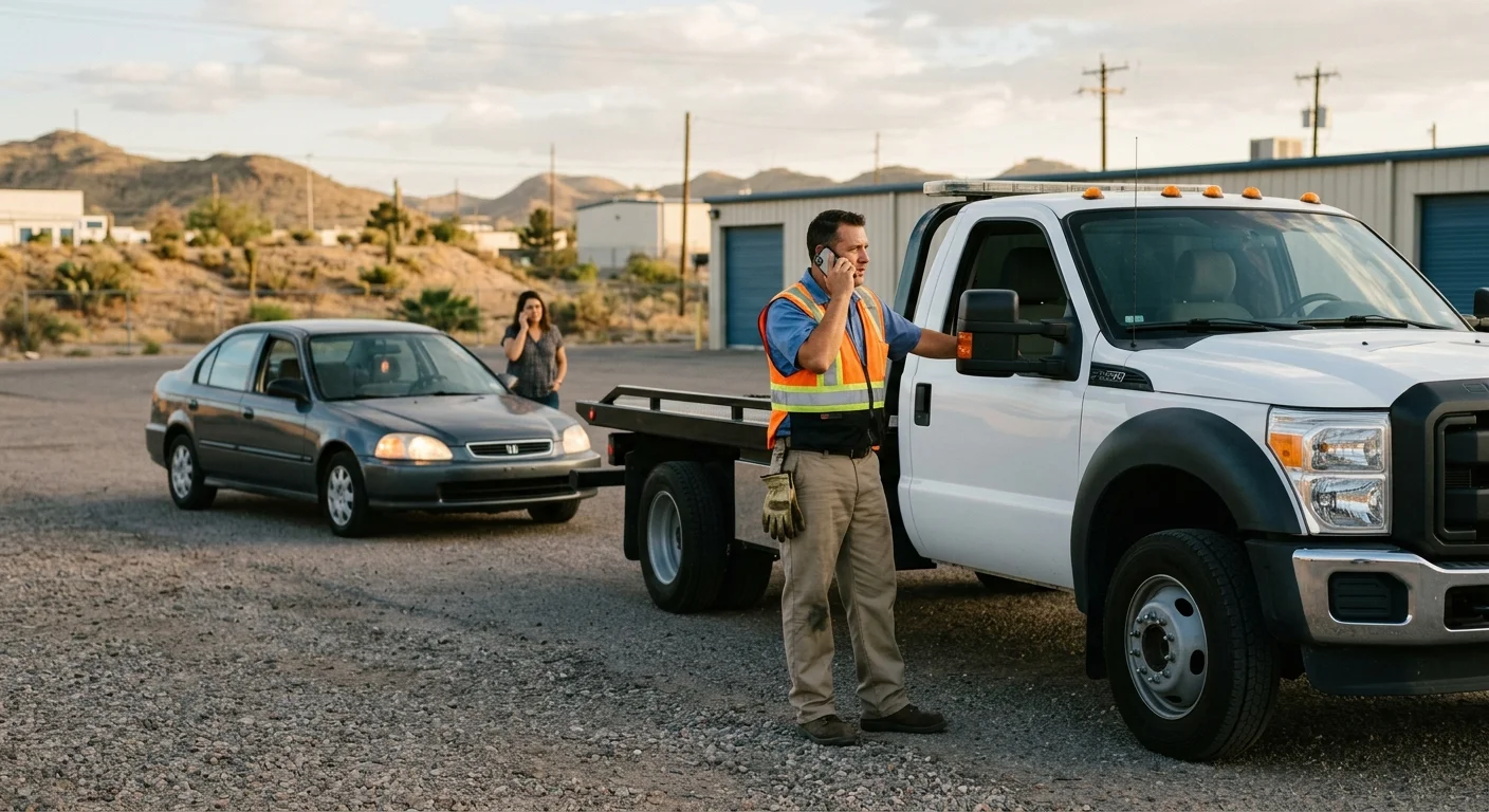Pickup and disabled car in an El Paso lot as the driver calls a towing operator