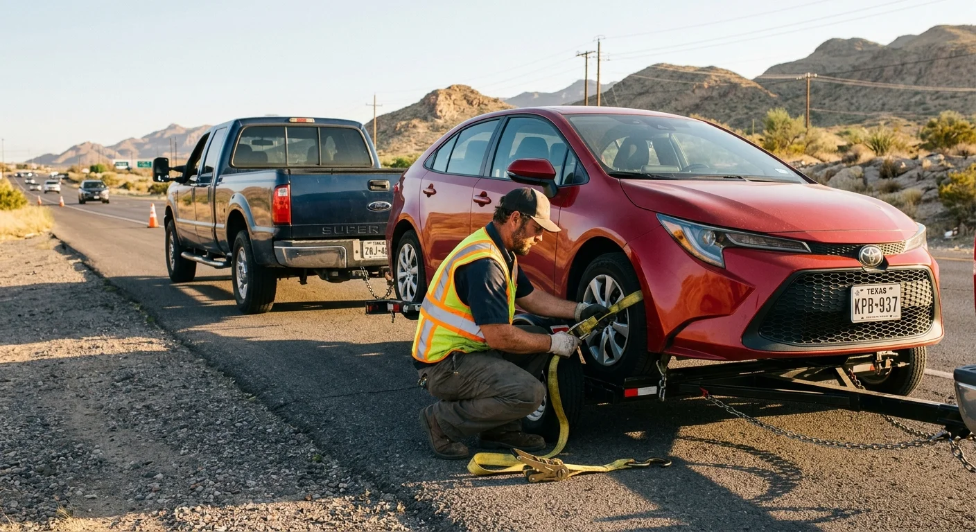A car loaded on a two-wheel tow dolly behind a pickup on an El Paso road, desert light
