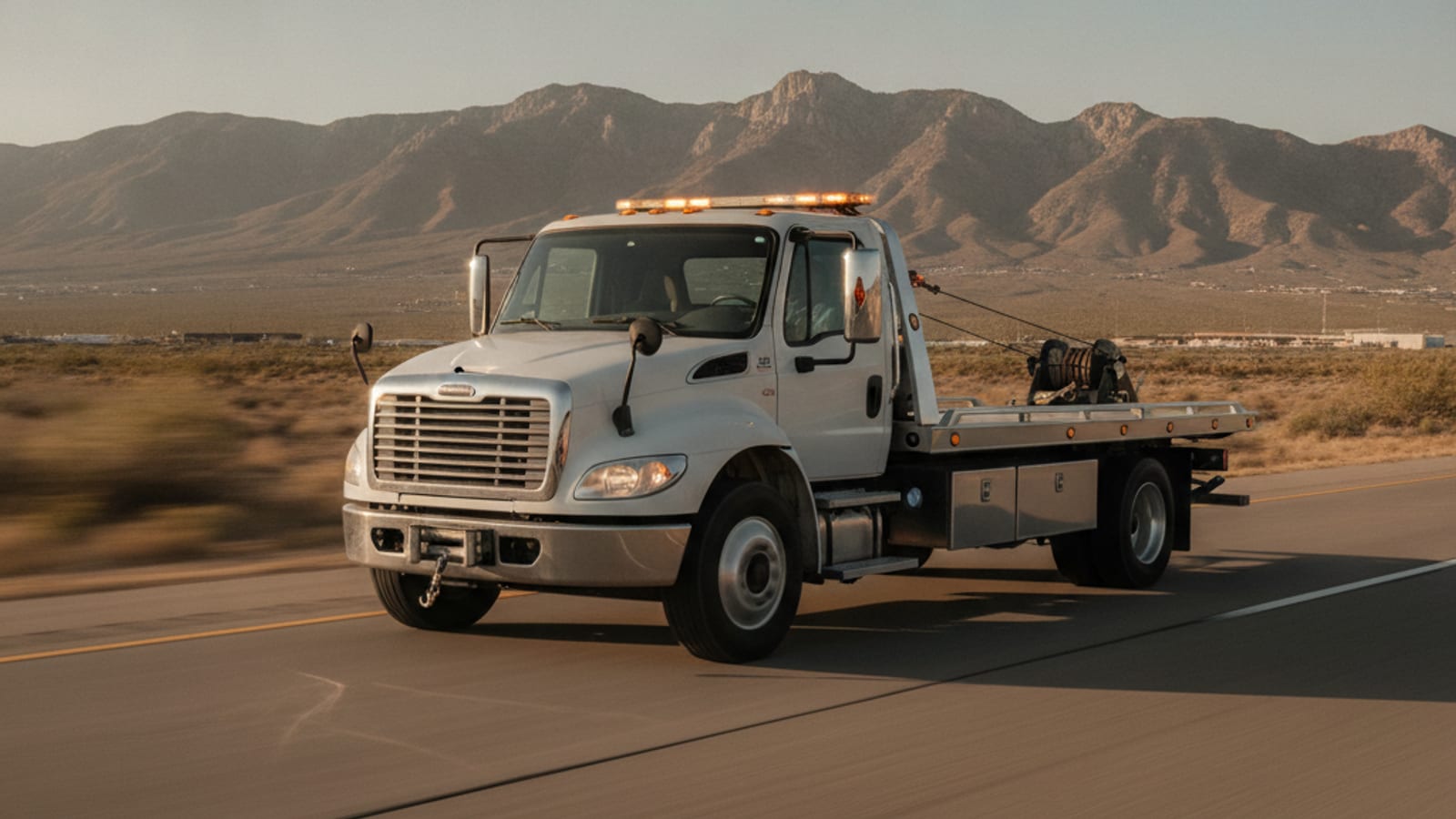 White flatbed tow truck driving at speed on I-10 in El Paso with the Franklin Mountains in the background, amber roof lights on