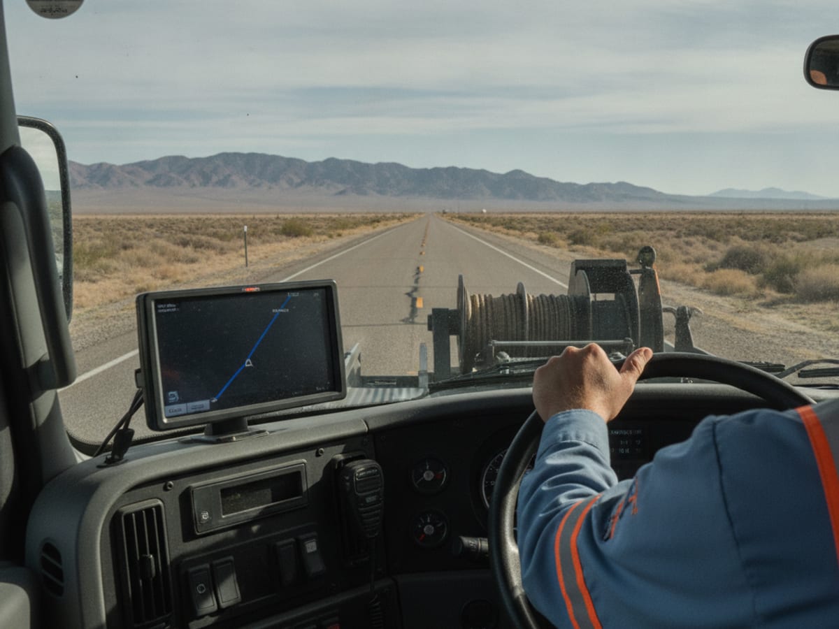 Close-up over-the-shoulder view of a tow truck dashboard GPS showing a route toward a rural highway with desert scrub visible through the windshield